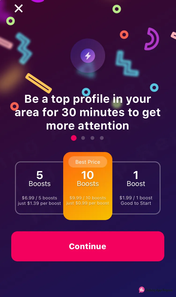 Boosts: 1 for $1.99, 5 for $6.99, 10 for $9.99; each makes you a top profile for 30 minutes.