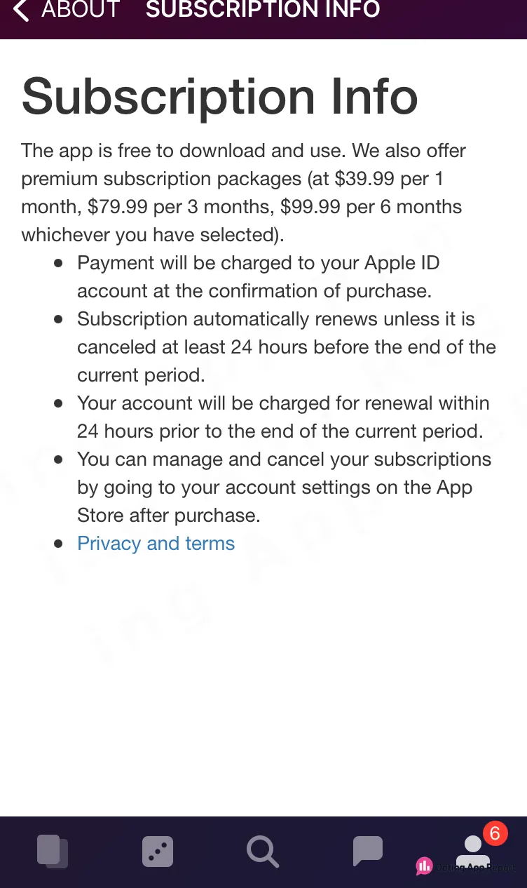 Flercha subscription terms list premium prices, auto-renewal, and canceling through App Store account settings.