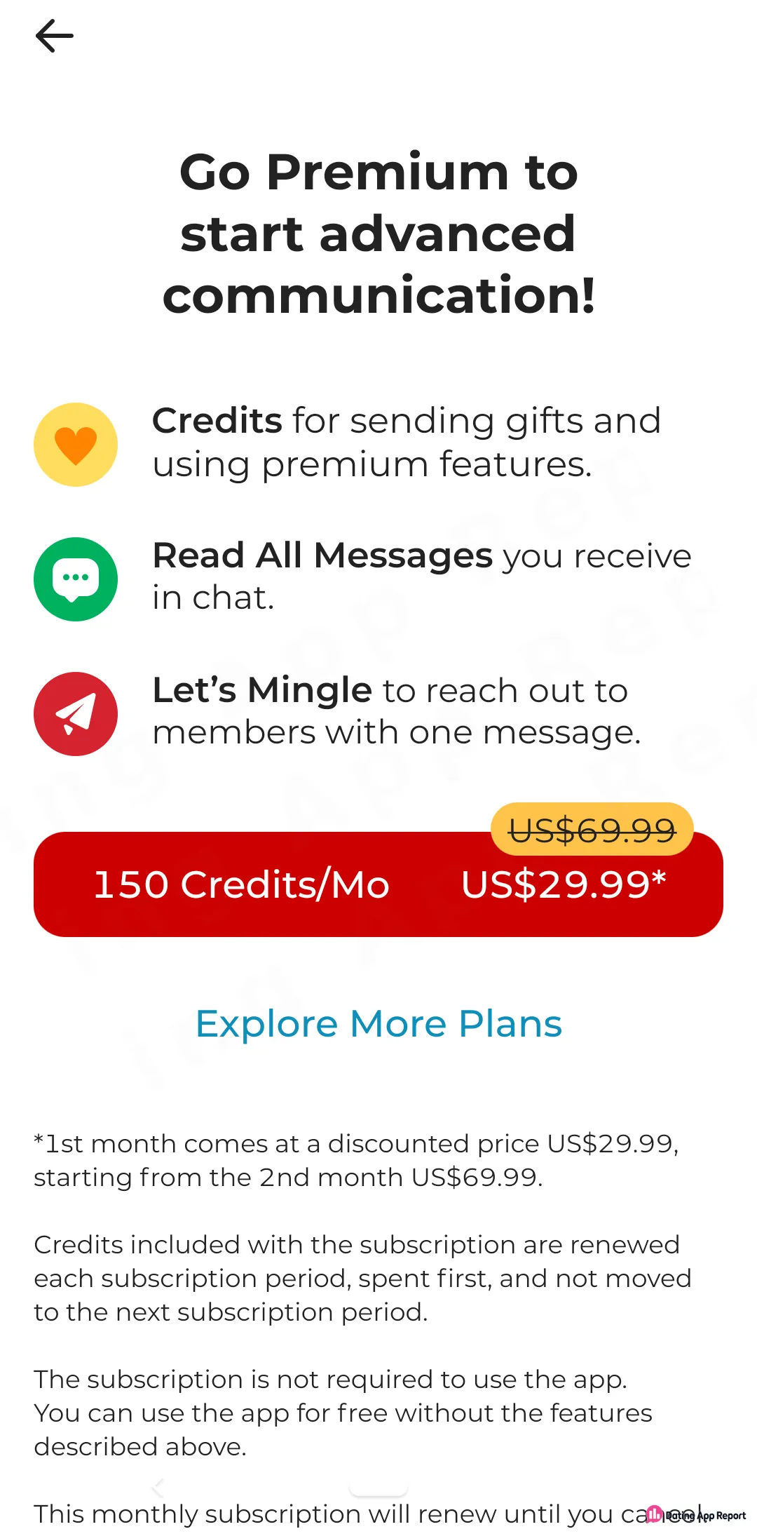 Premium page offers 150 credits a month for $29.99 the first month, then $69.99, renewing until canceled.