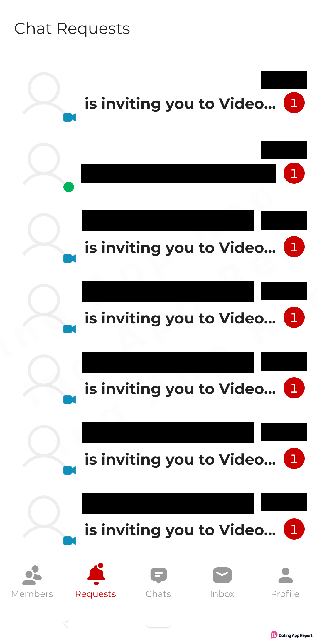The Chat Requests list shows seven senders with redacted names, and six of them say "is inviting you to Video...".