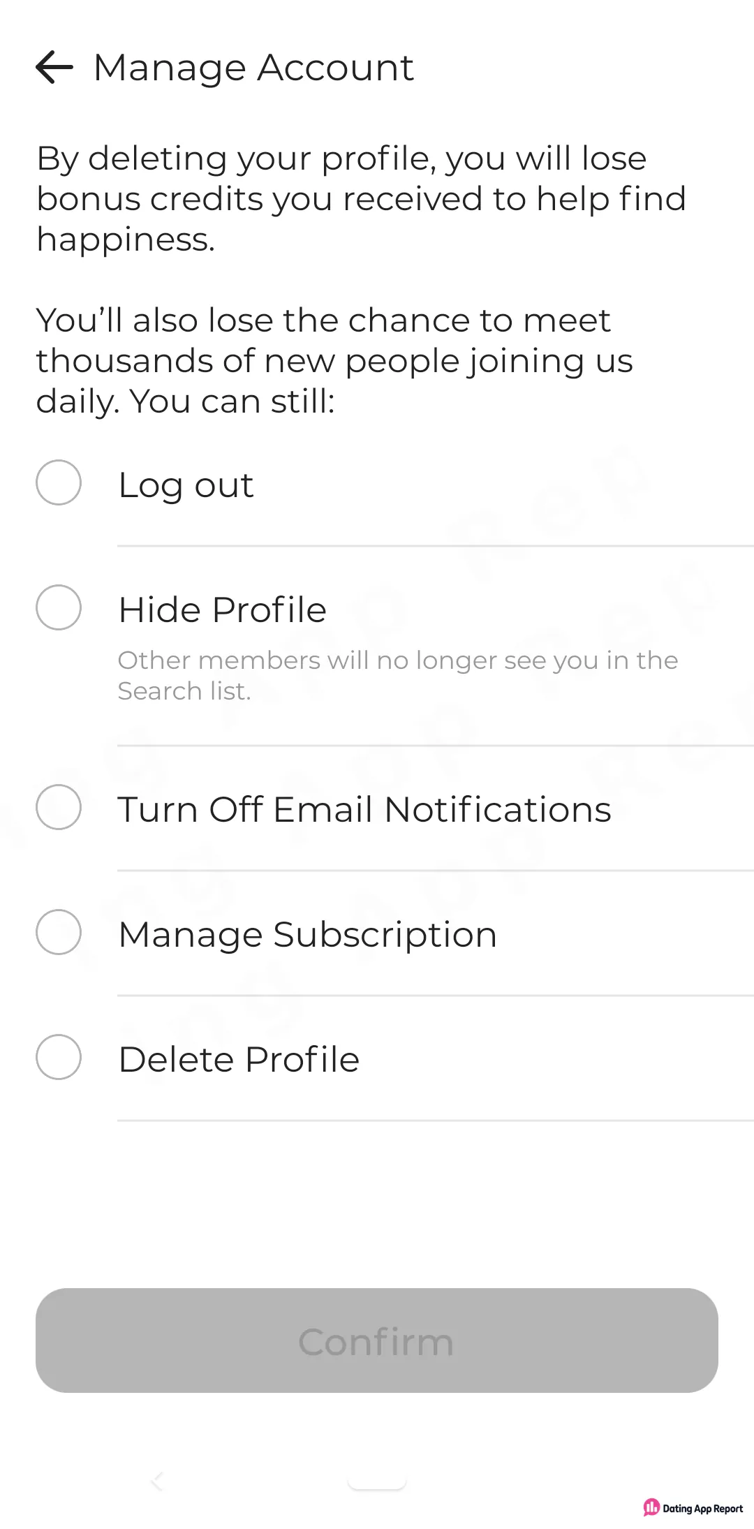 Manage Account warns deleting your profile loses bonus credits; options include Log out, Hide Profile, Manage Subscription, Delete Profile.