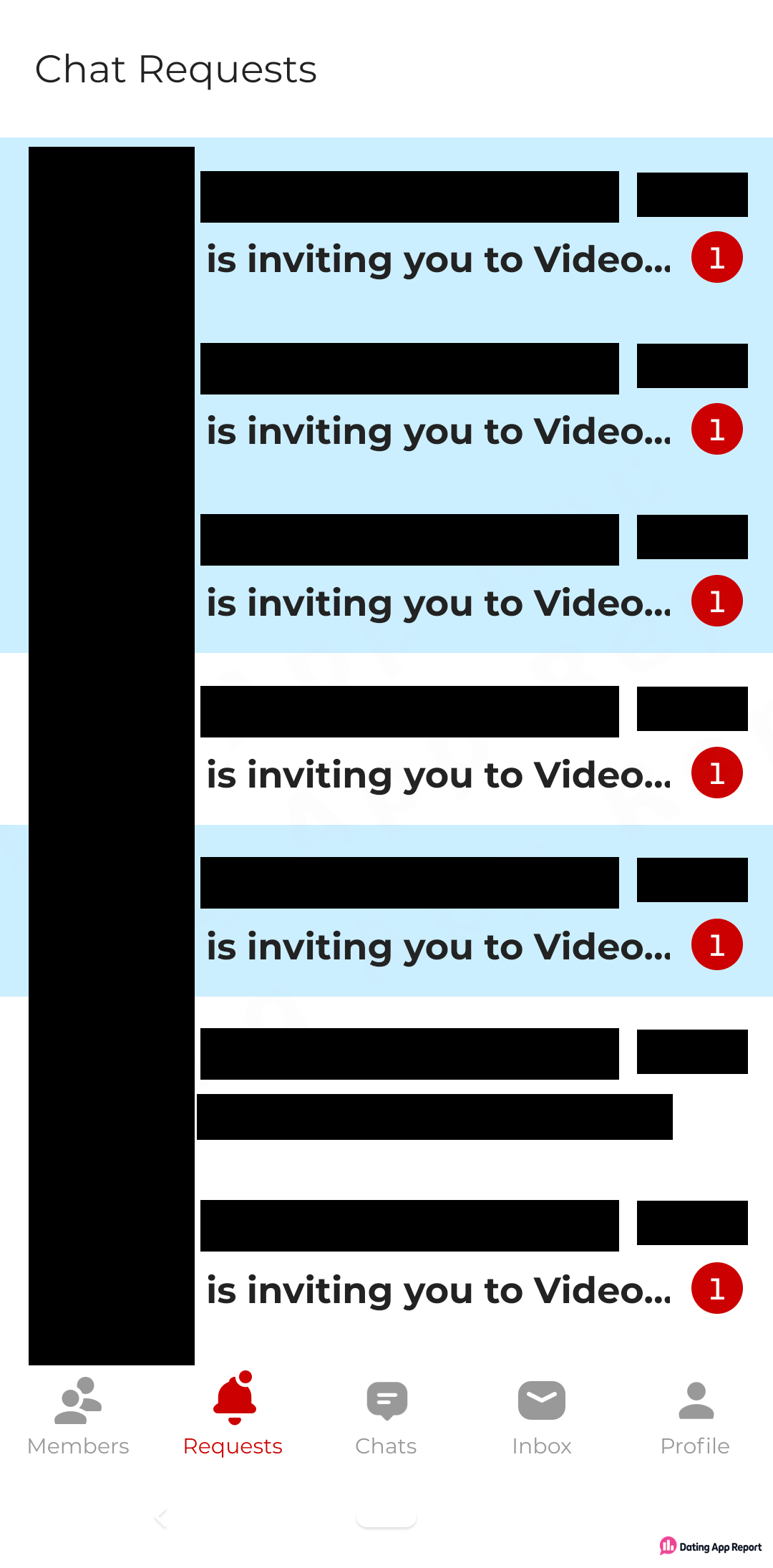 Chat Requests lists seven senders with hidden names; six say "is inviting you to Video..." with a red 1 badge.