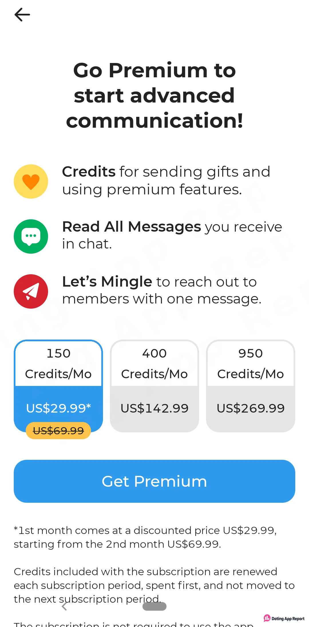 Three monthly credit plans: 150 credits at $29.99 first month, then $69.99; 400 at $142.99; 950 at $269.99.