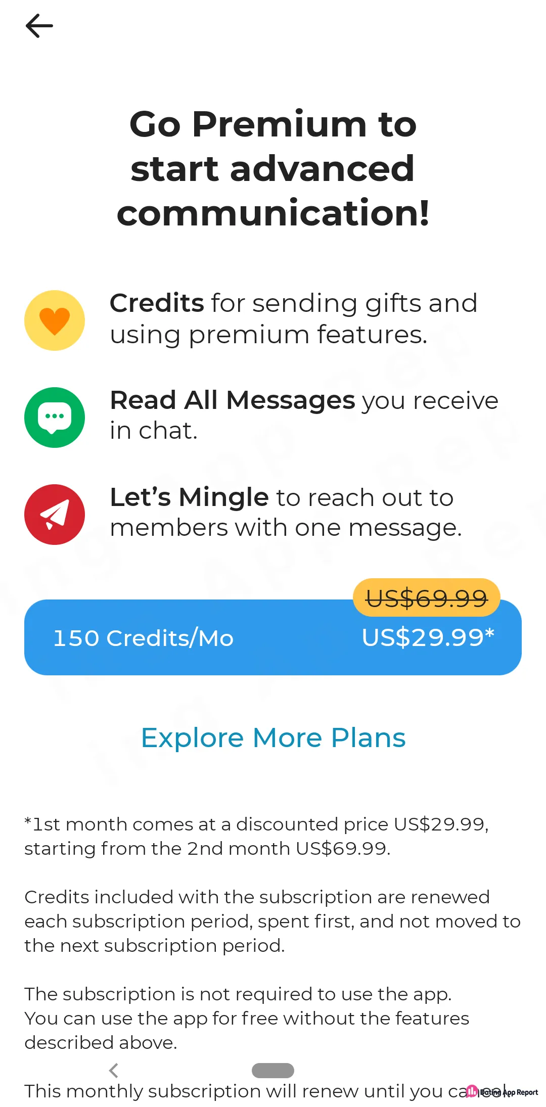 AmalDate premium page offers 150 credits a month for $29.99 the first month, then $69.99, renewing until canceled.