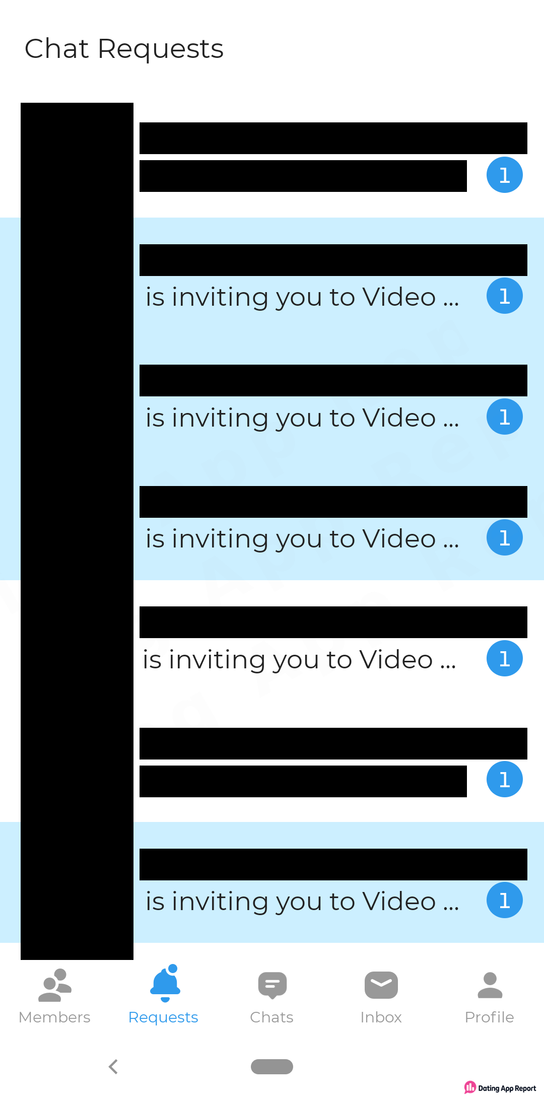 The Chat Requests list shows seven redacted senders, five of them marked "is inviting you to Video ...".