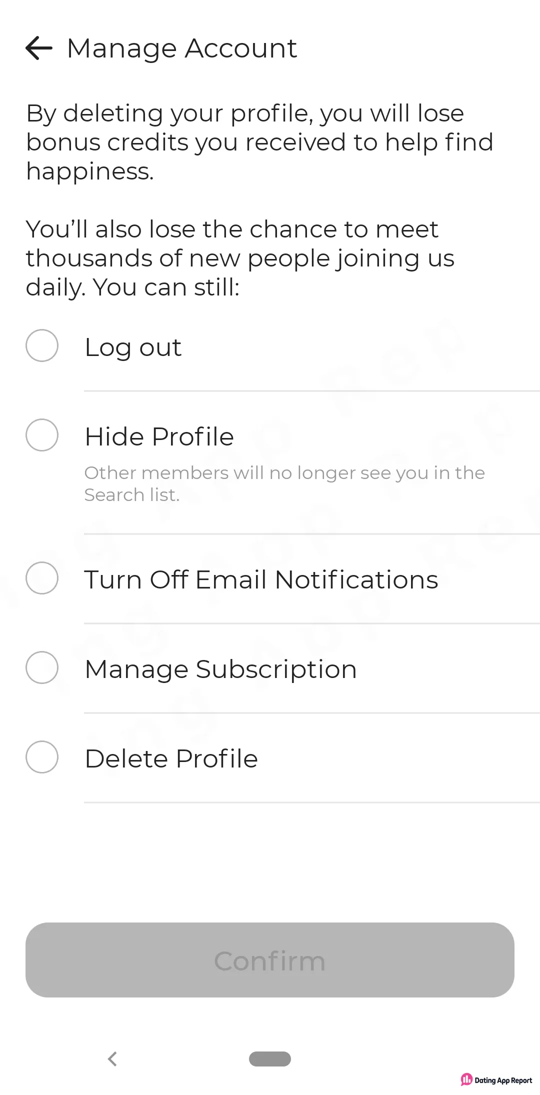 Manage Account warns deleting your profile loses bonus credits, and offers Log out, Hide Profile, Manage Subscription or Delete Profile.