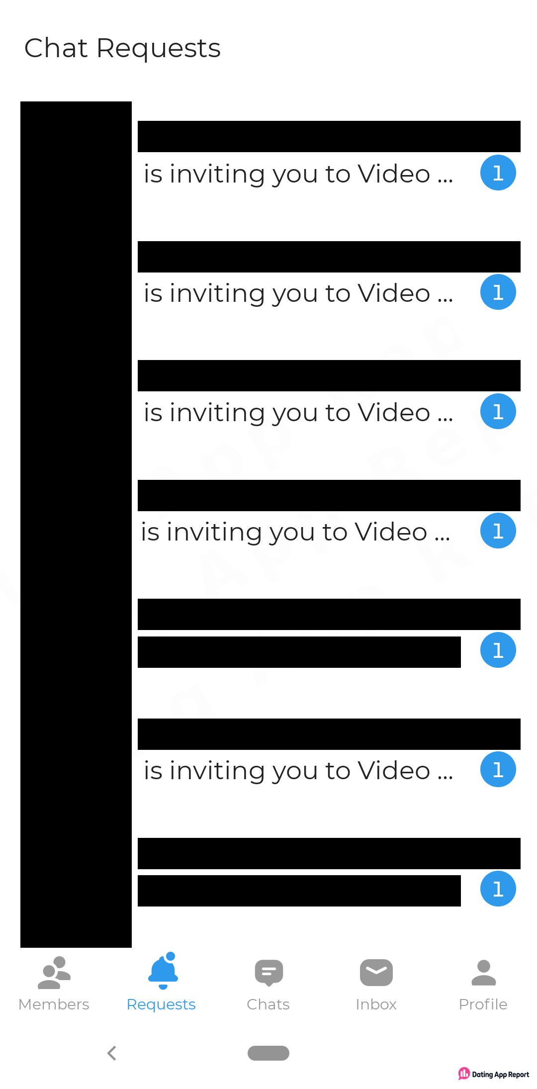Chat Requests lists seven redacted senders, five shown as "is inviting you to Video ...", each with a 1 badge.