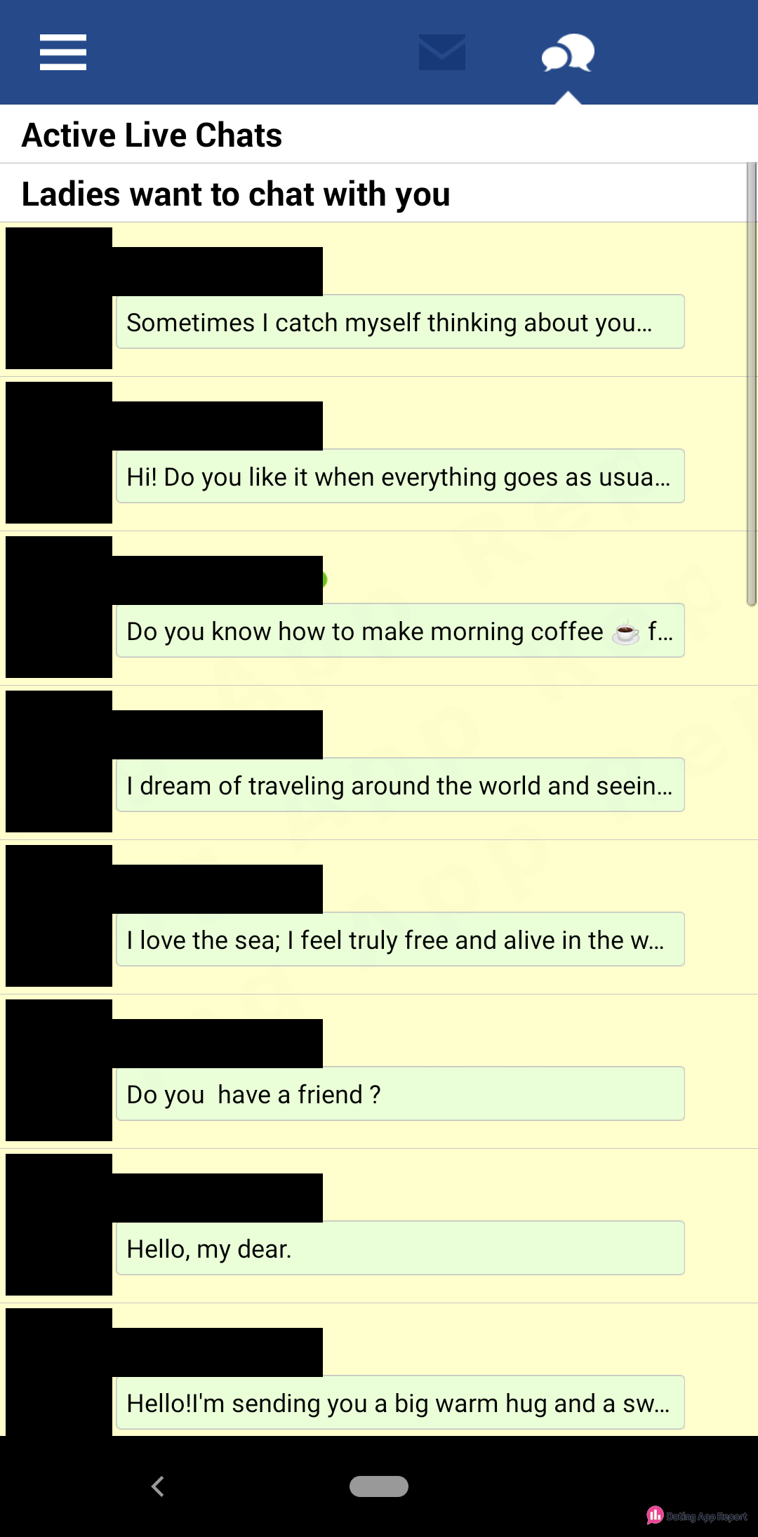 Eight chat invitations appear under "Ladies want to chat with you," each with an opening line; names and photos redacted.