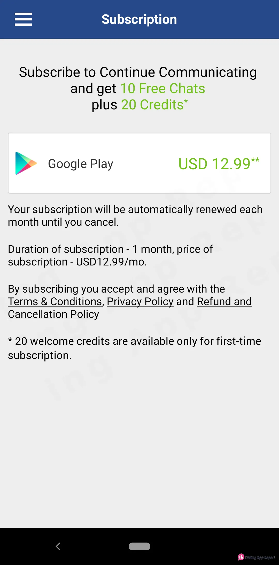 Subscription page offering 10 free chats plus 20 credits for $12.99 a month via Google Play, renewing monthly.