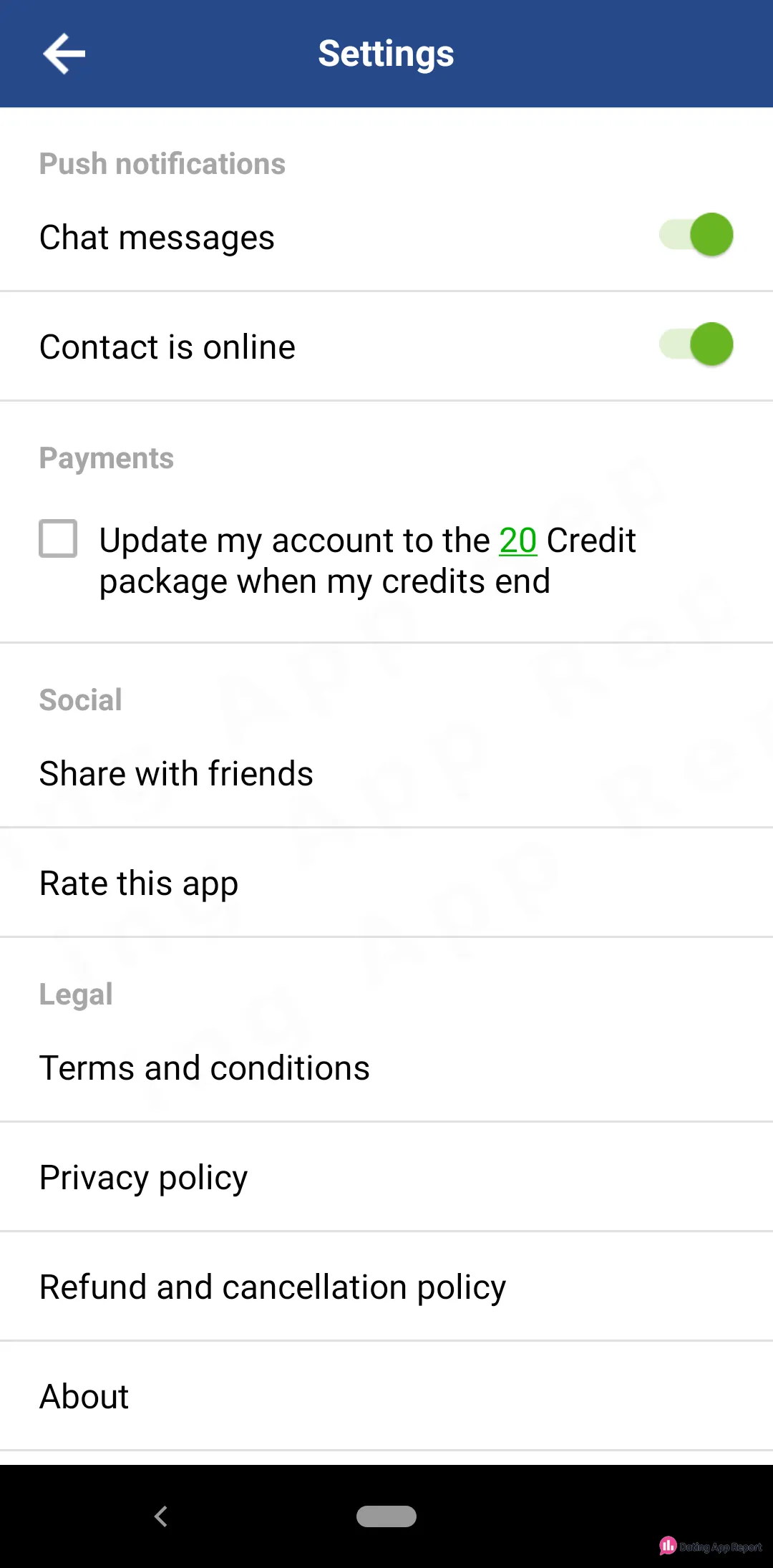 Settings screen with an unticked Payments box for automatic top-up to the 20 Credit package.