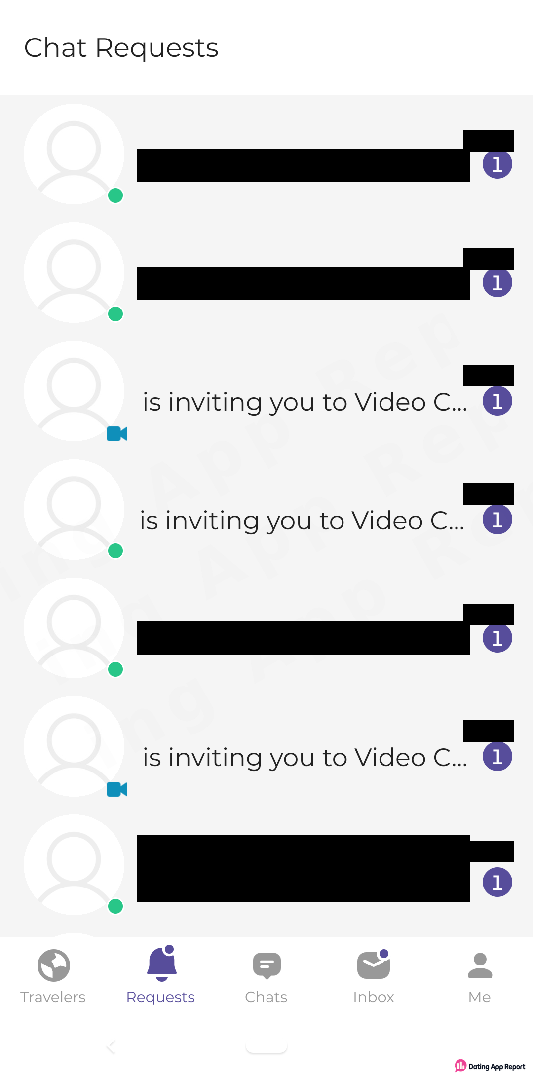 The Chat Requests list shows seven unread requests, three of them video chat invitations, with names and message previews redacted.