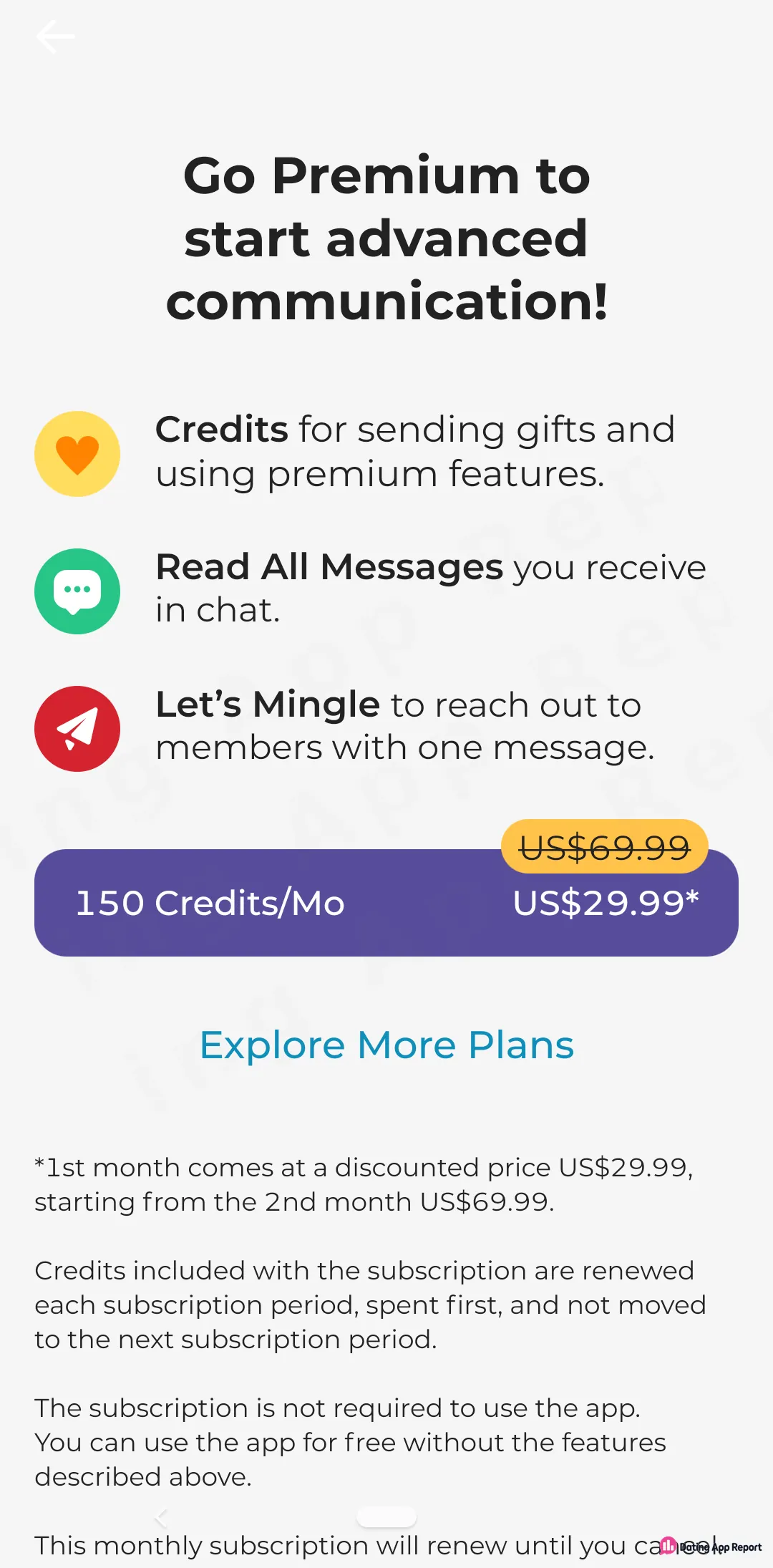 Go Premium page offering 150 credits a month for $29.99 the first month, then $69.99.