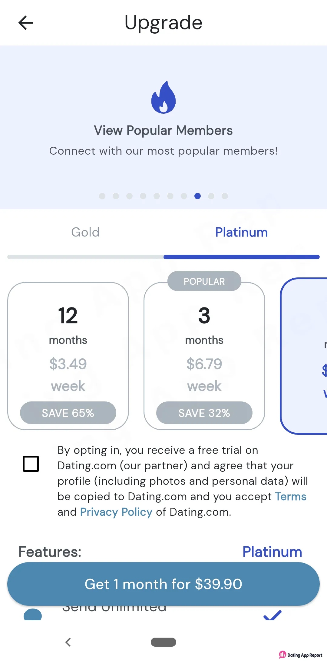 Platinum upgrade screen lists 12 months at $3.49/week, 3 months at $6.79/week, and a $39.90 one-month button.
