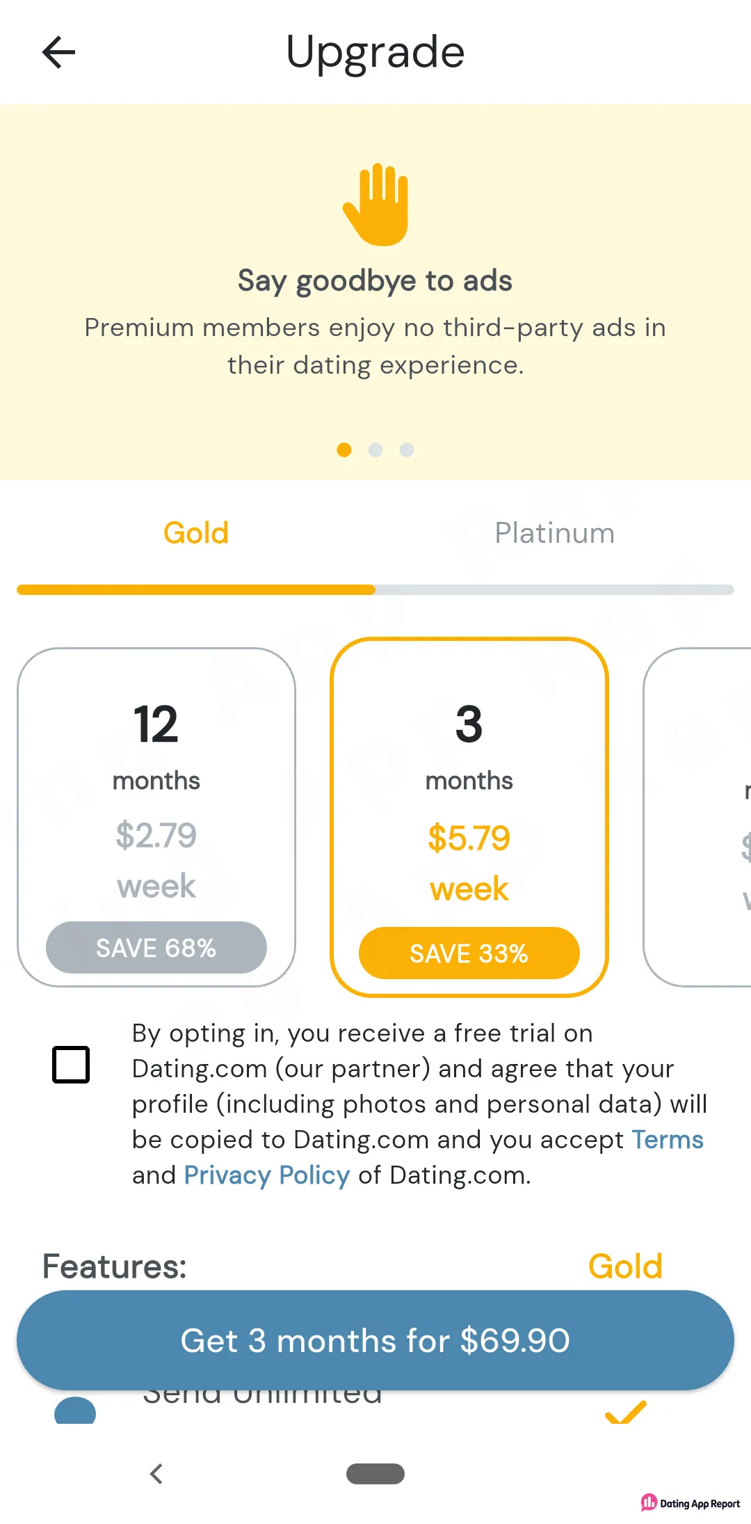 BBWCupid Upgrade screen lists Gold plans: 12 months at $2.79/week, 3 months at $5.79/week, $69.90 total.