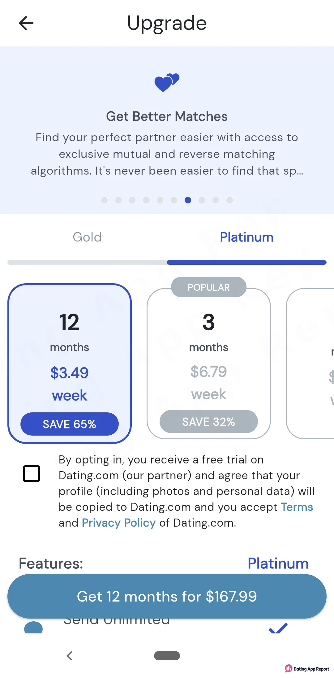 BBWCupid Platinum upgrade screen shows 12 months at $3.49/week ($167.99 total) and 3 months at $6.79/week, marked popular.