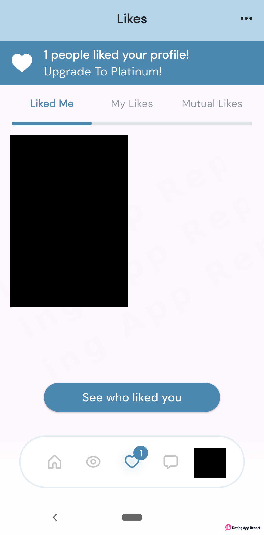 Likes tab shows one like, an Upgrade To Platinum banner, a redacted photo and a "See who liked you" button.