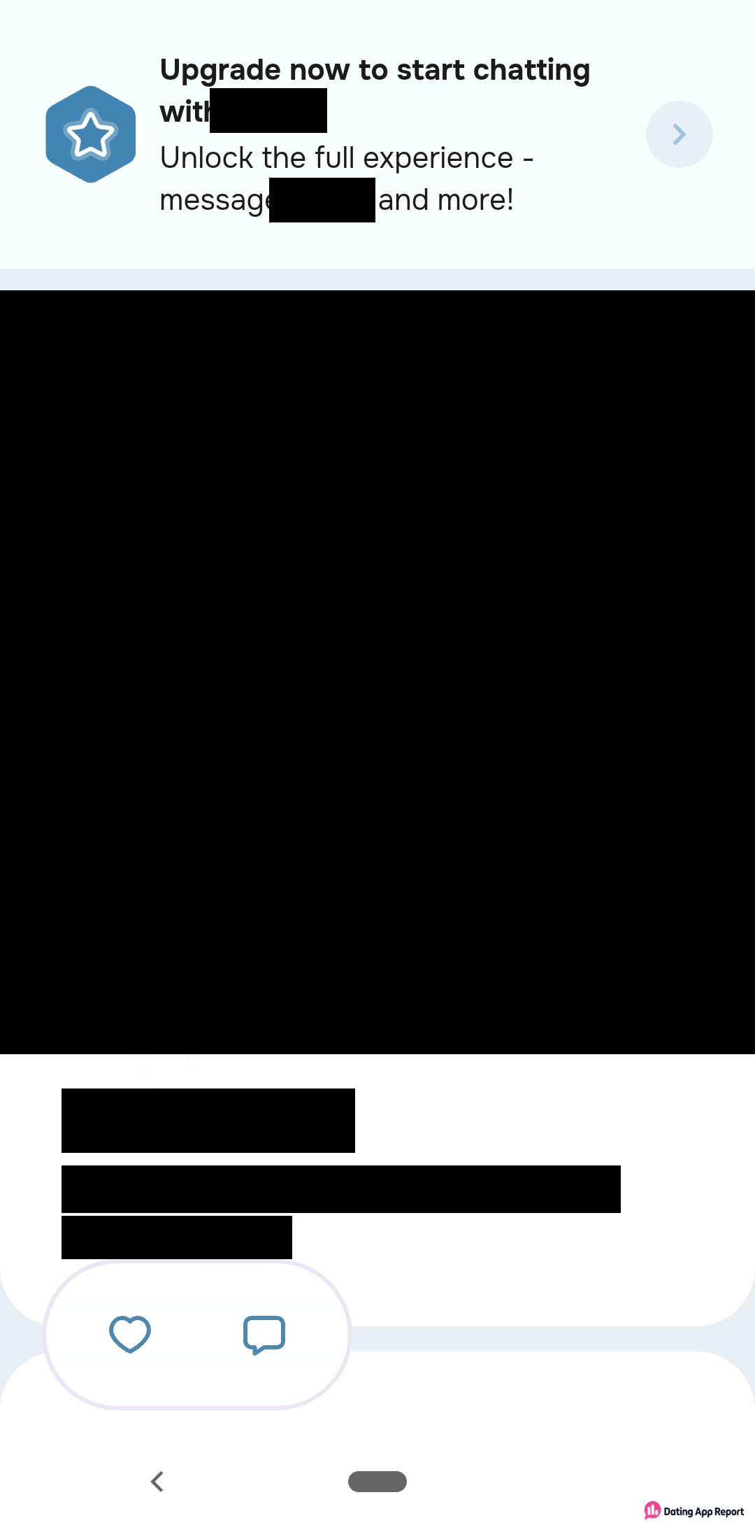 A member's profile, with name and photo redacted, shows a banner saying you must upgrade to chat with them.
