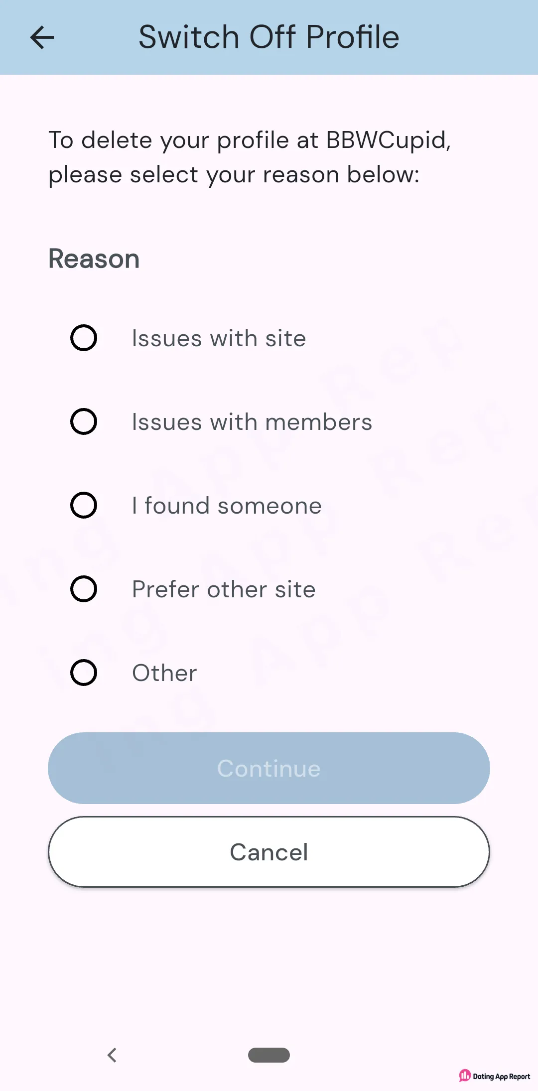 BBWCupid's Switch Off Profile screen asks for one of five reasons before deleting your profile; Continue is grayed out.