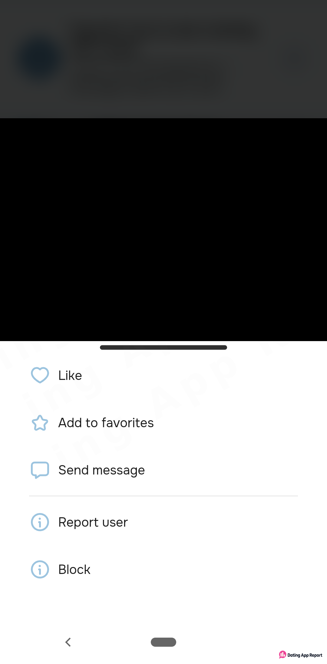 A member's profile menu lists Like, Add to favorites, Send message, Report user and Block; the profile photo is redacted.