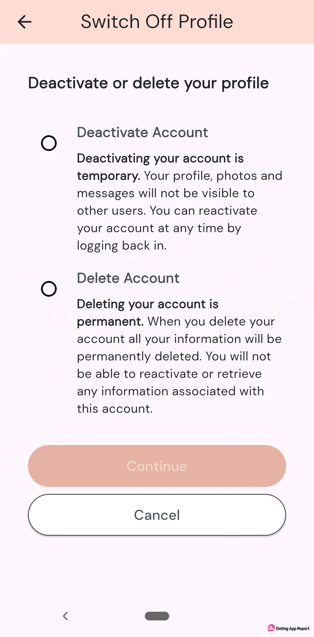 Switch Off Profile screen lets you pick temporary deactivation or permanent account deletion before continuing.