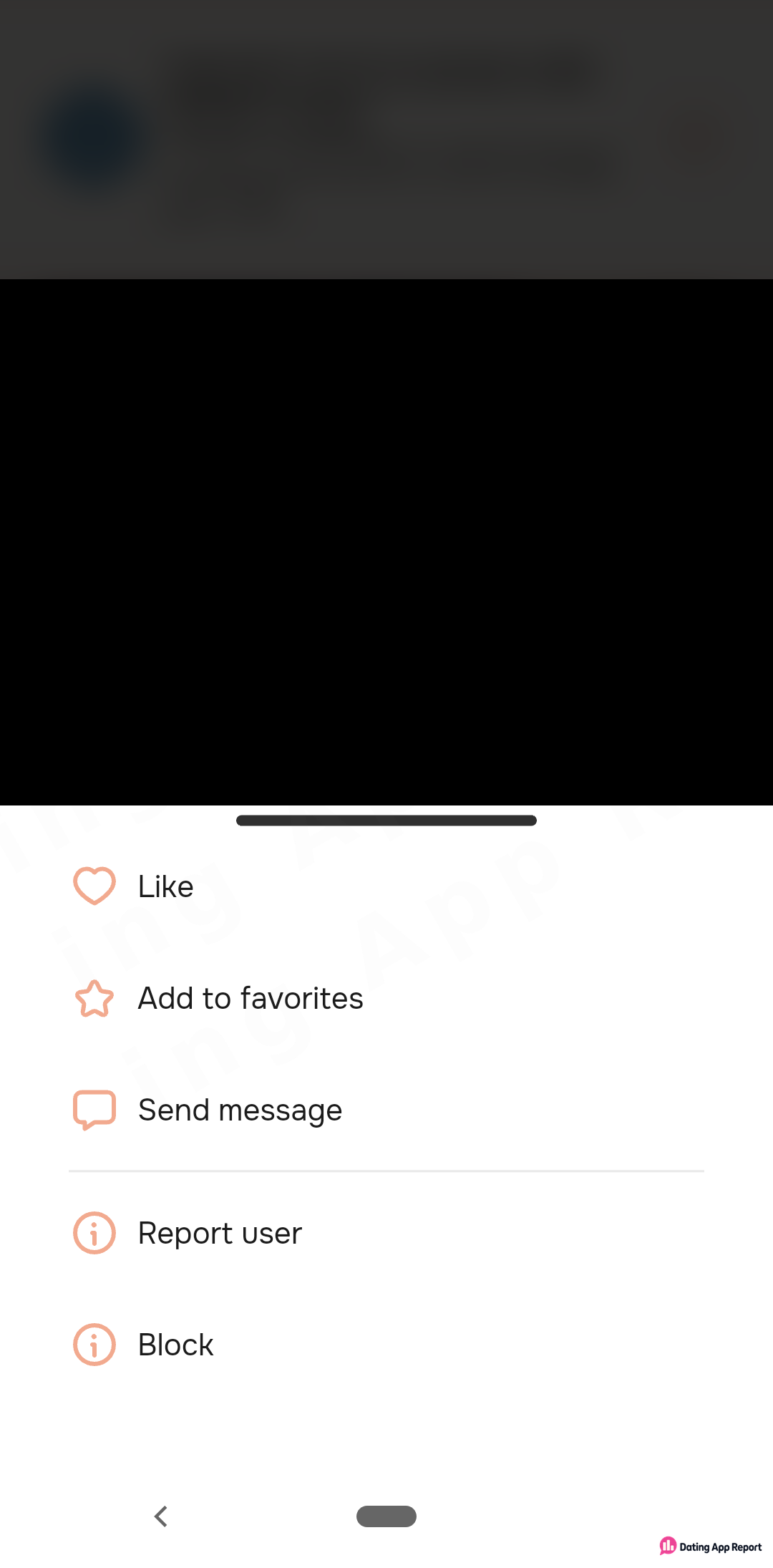 A member's profile menu lists Like, Add to favorites, Send message, Report user and Block, with the photo redacted.