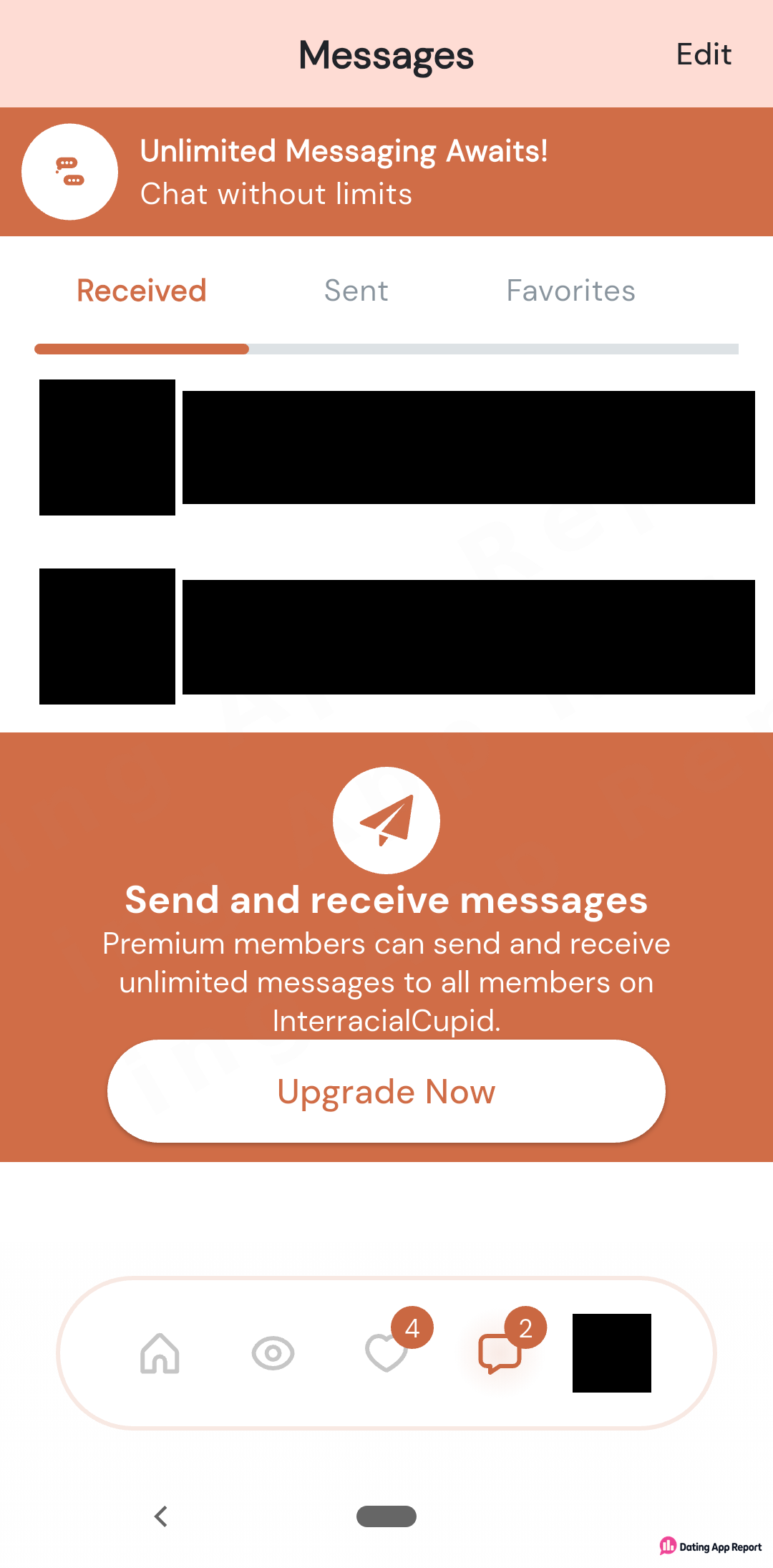 Messages inbox listing two received conversations (redacted) above an Upgrade Now banner; nav badges show 4 likes and 2 messages.