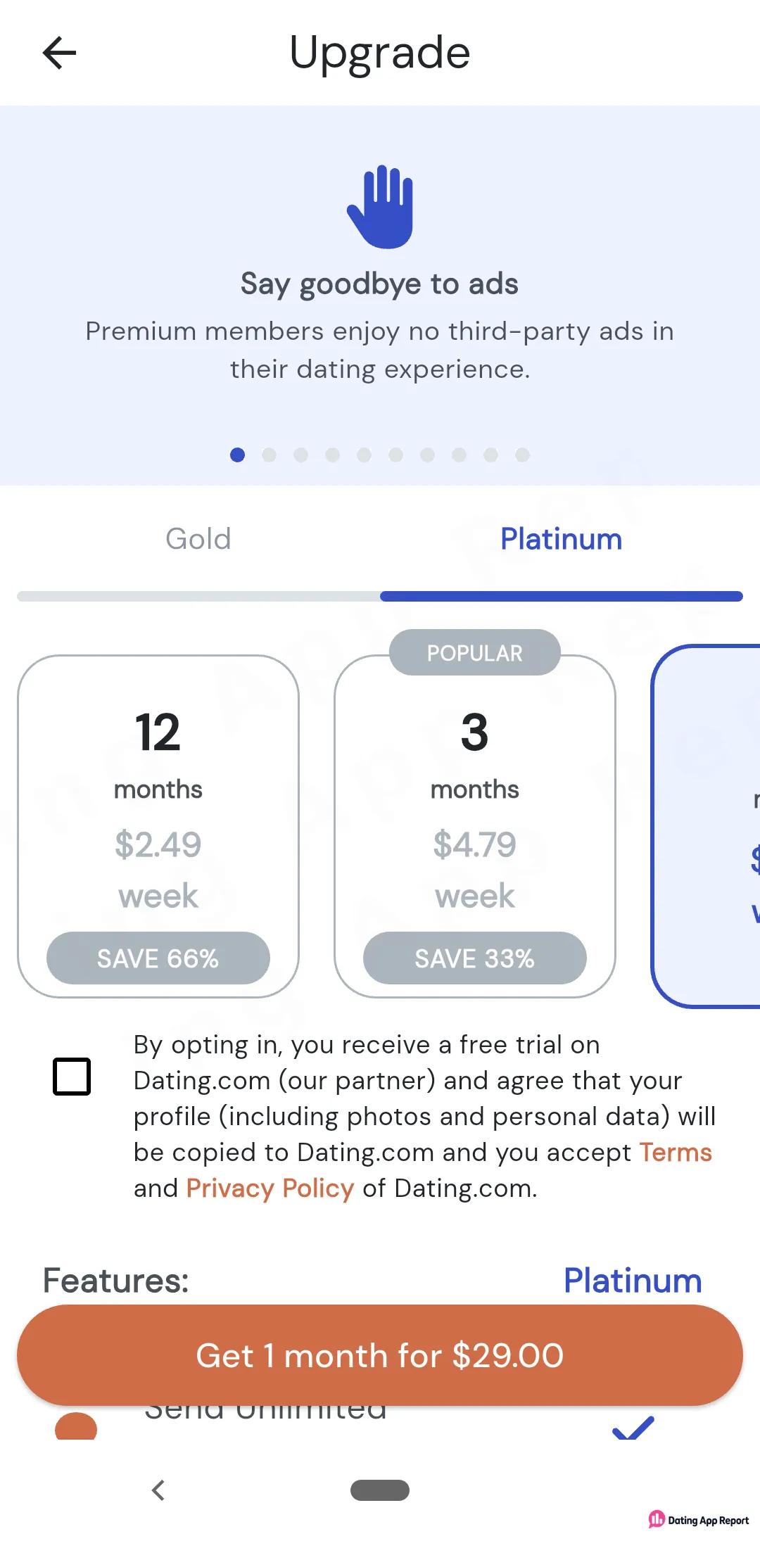 Platinum tab lists 12 months at $2.49 a week, 3 months at $4.79 a week (Popular), one month $29.00.