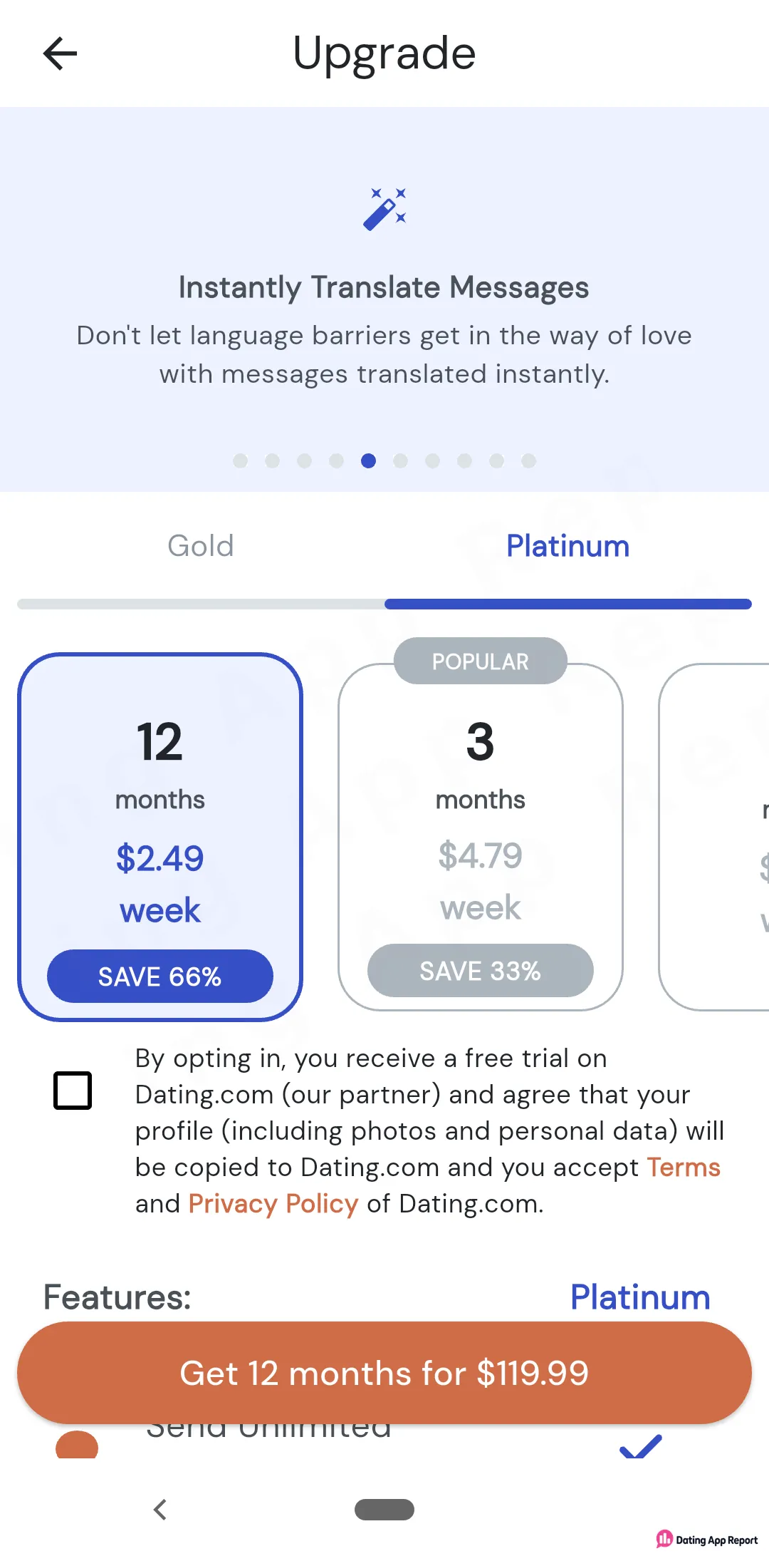 Platinum upgrade lists 12 months at $2.49 a week ($119.99 total) and a popular 3-month plan at $4.79 a week.