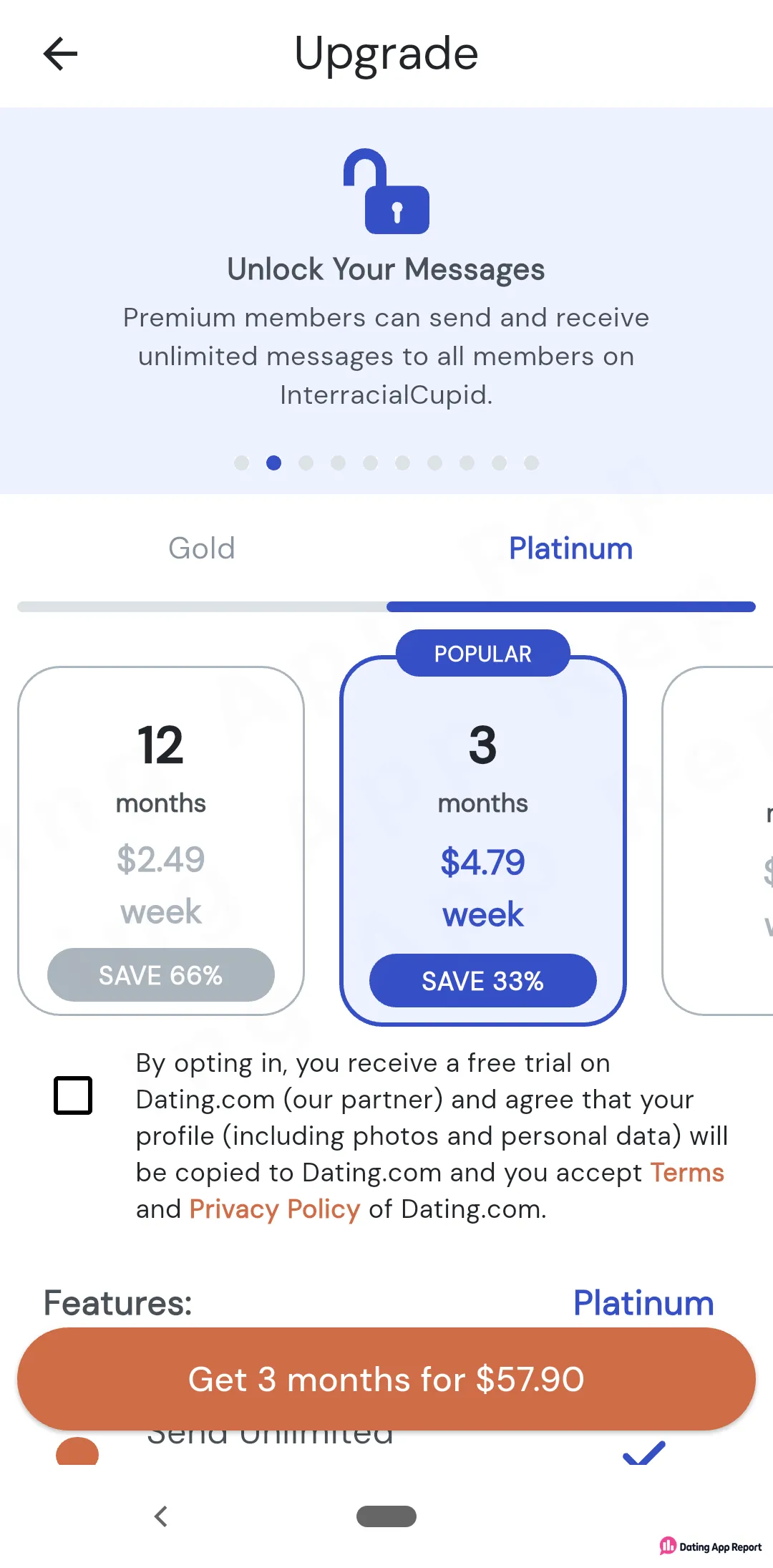 Platinum upgrade screen listing 12-month ($2.49/week) and 3-month ($4.79/week) plans, with an unticked Dating.com opt-in box.