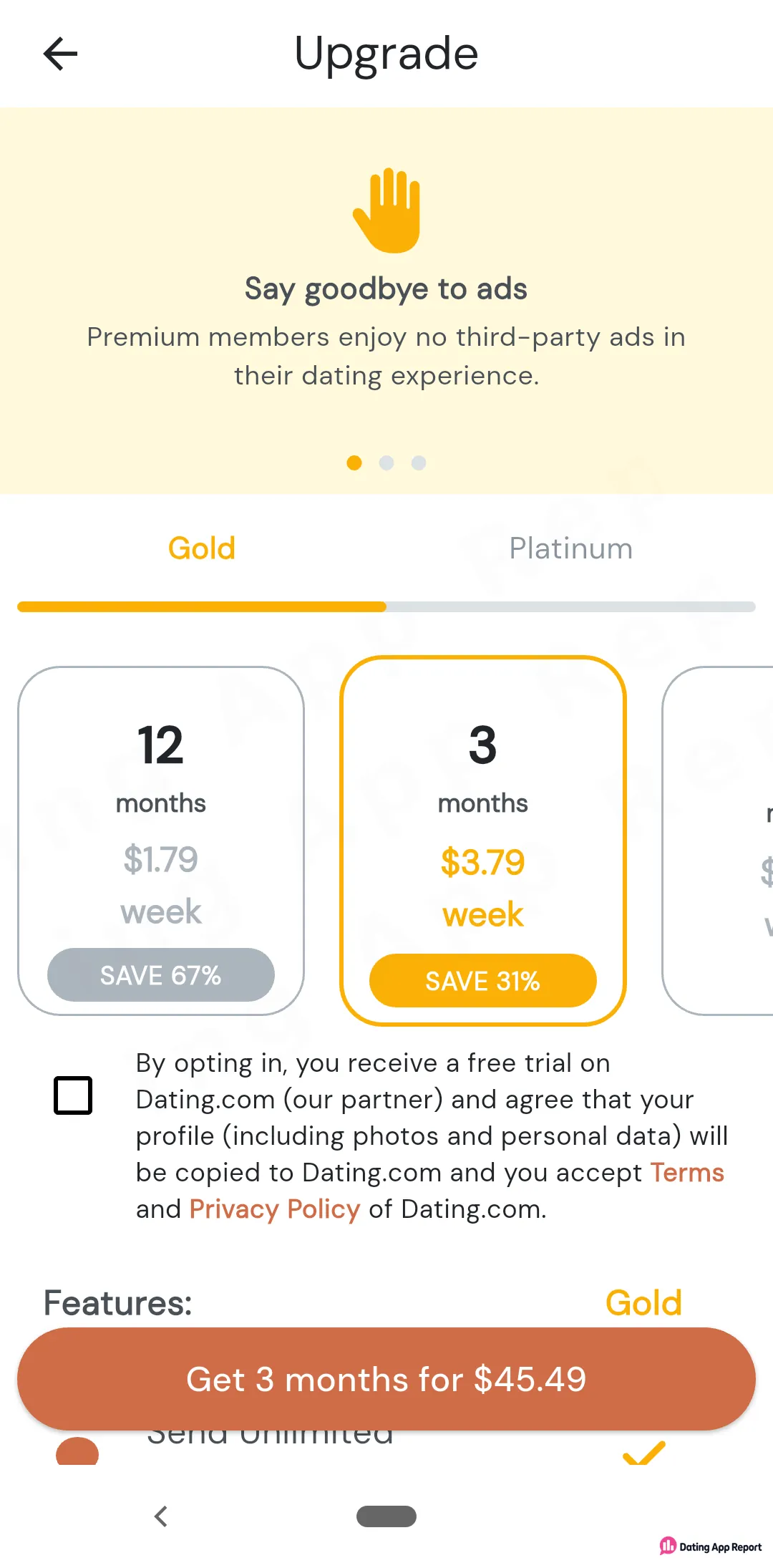 Gold upgrade screen lists 12 months at $1.79/week and 3 months at $3.79/week, with a $45.49 button.