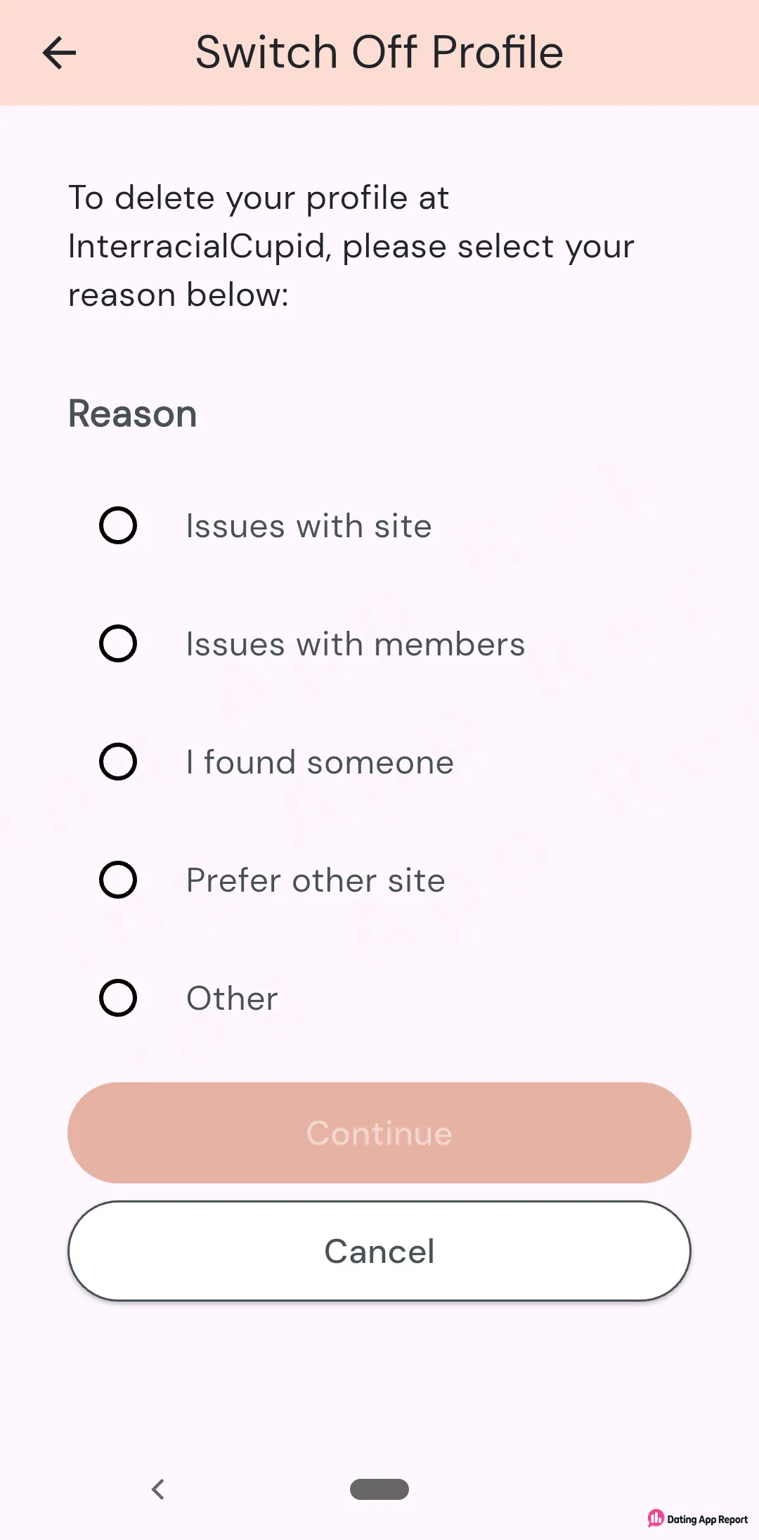 InterracialCupid asks you to pick a reason before deleting your profile, such as issues with the site or finding someone.