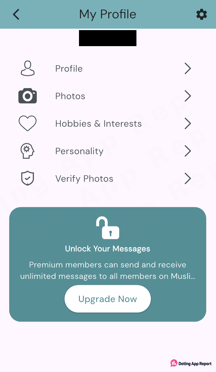 My Profile menu with the name redacted, and a banner saying unlimited messaging requires Premium, with an Upgrade Now button.