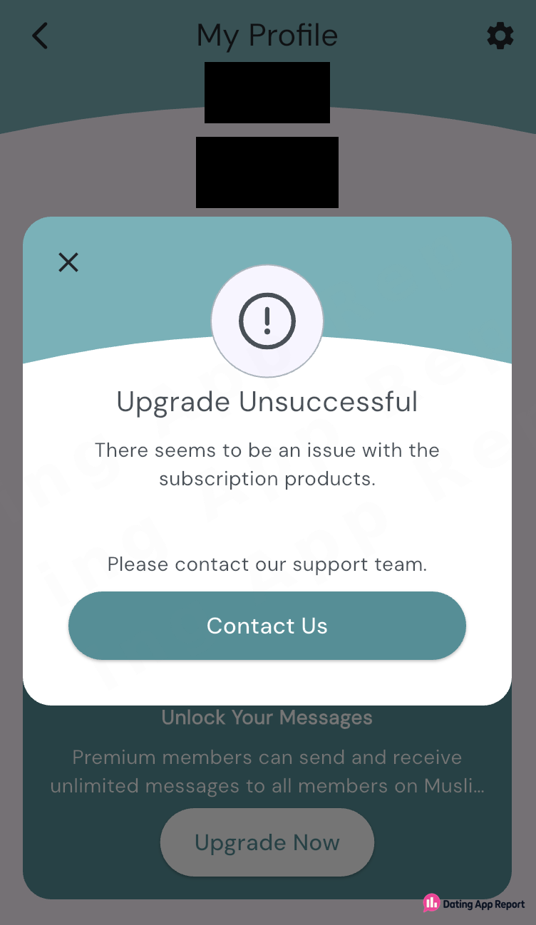An "Upgrade Unsuccessful" pop-up cites an issue with subscription products and asks users to contact support. No prices shown.