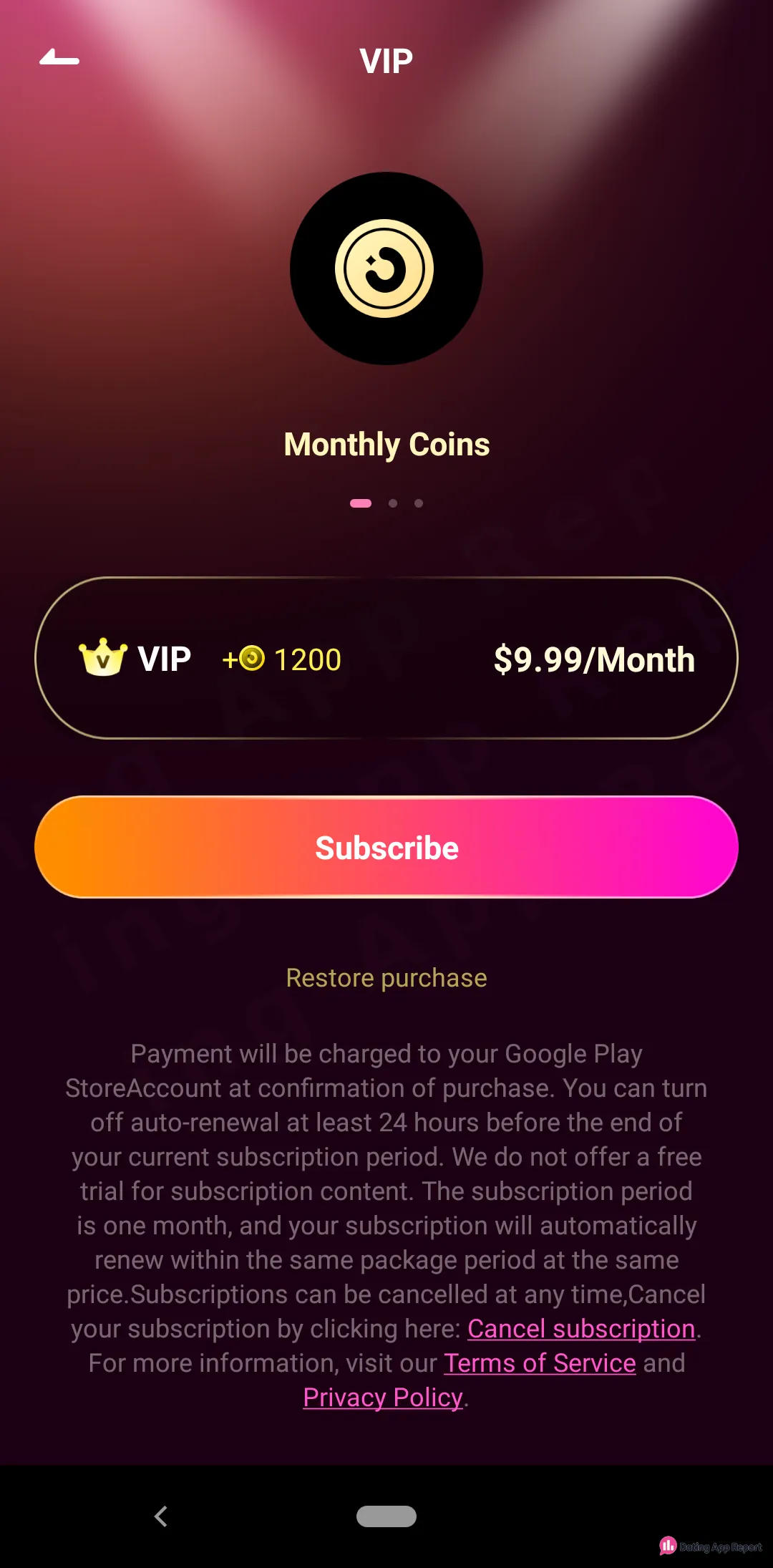 Peepp's VIP page lists one plan, $9.99 a month with 1,200 coins, renewing automatically with no free trial.