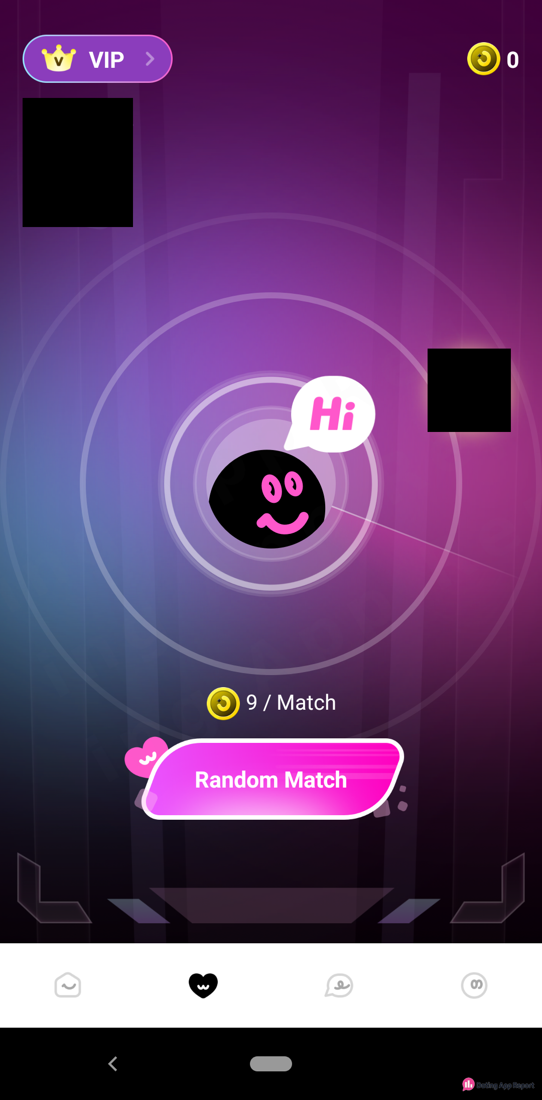 Random Match screen says each match costs 9 coins; the coin balance shows 0, next to a VIP button.