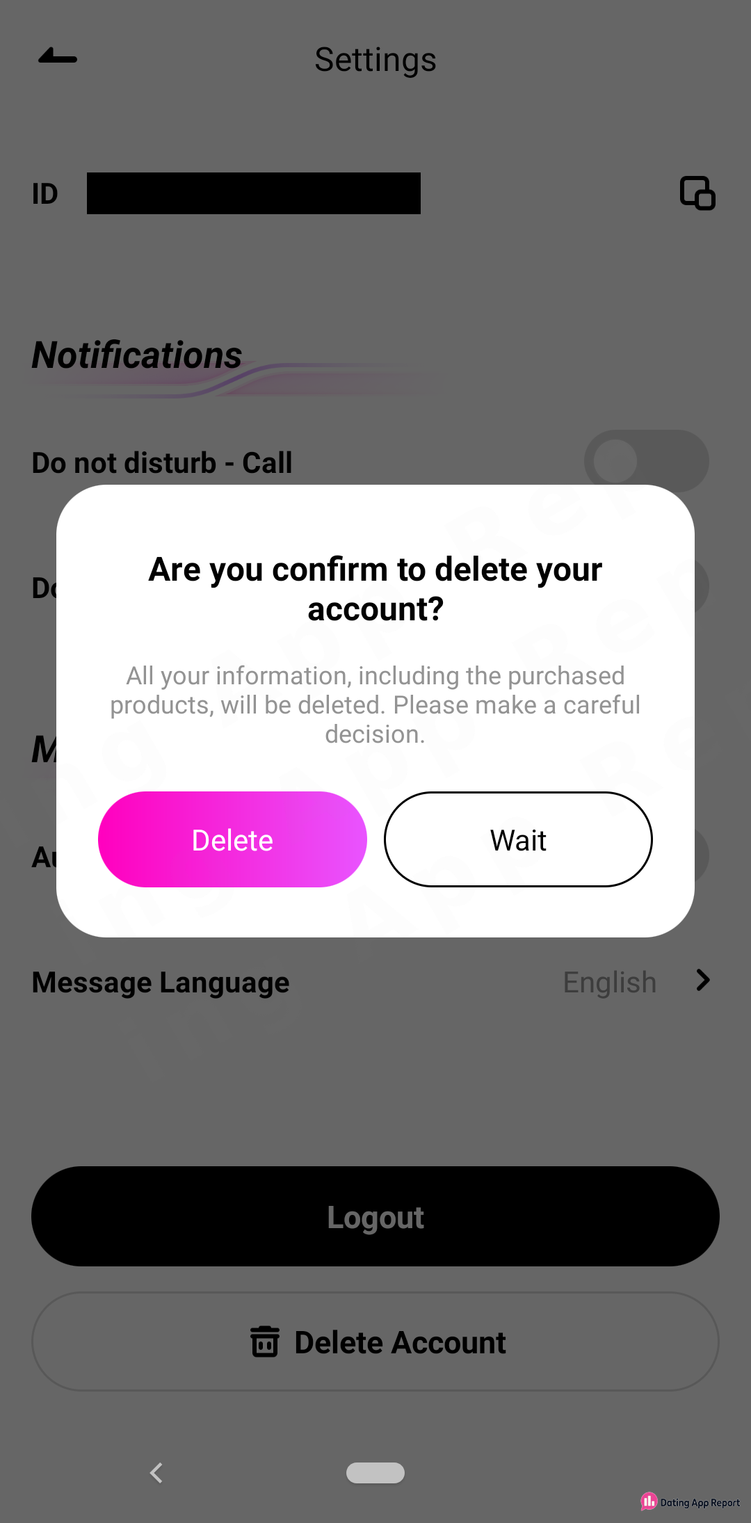 Peepp settings with a delete-account prompt warning that all information, including purchased products, will be deleted.
