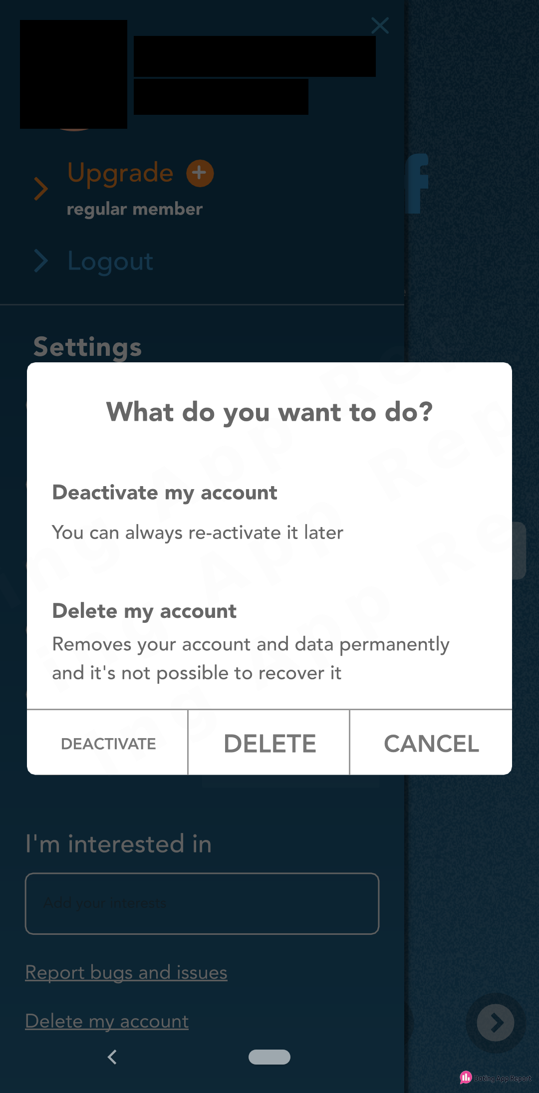 Camsurf's side menu "Delete my account" link opens a dialog offering Deactivate, Delete, or Cancel.