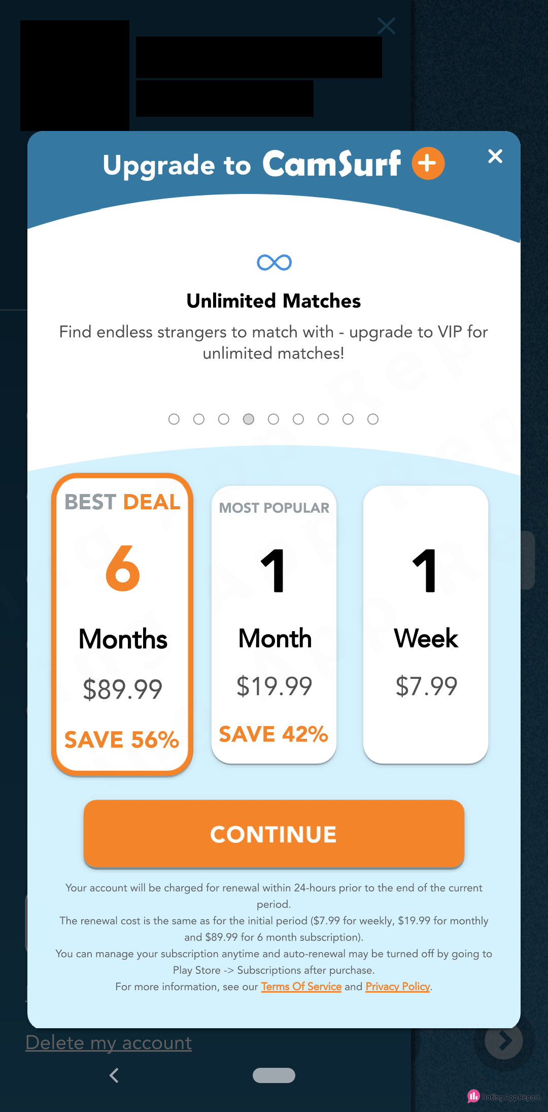 CamSurf+ upgrade page lists 6 months for $89.99, 1 month for $19.99, 1 week for $7.99, and auto-renewal terms.