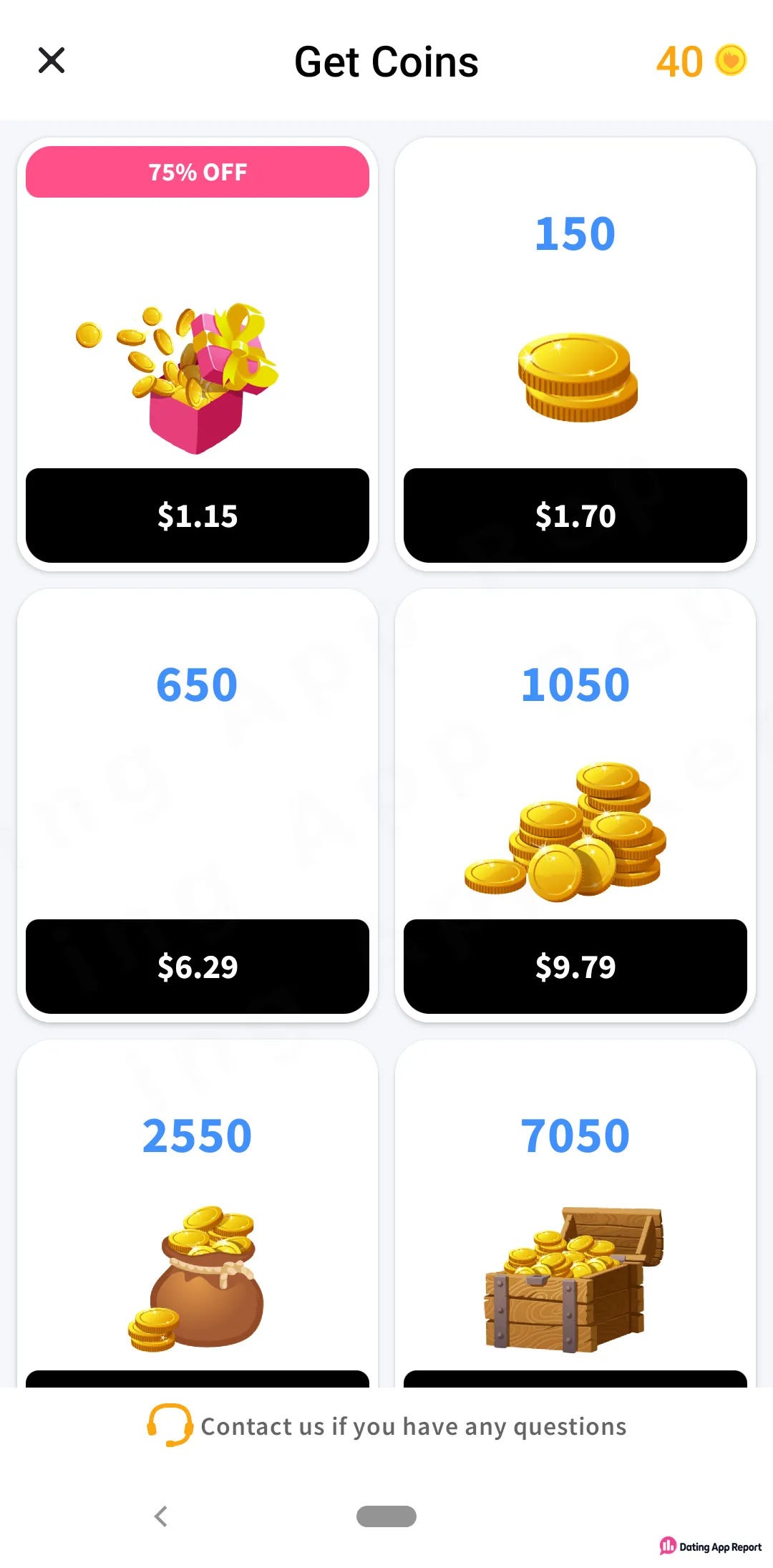 W-Match coin store sells 150 coins for $1.70, 650 for $6.29, 1,050 for $9.79; a '75% OFF' tile costs $1.15.