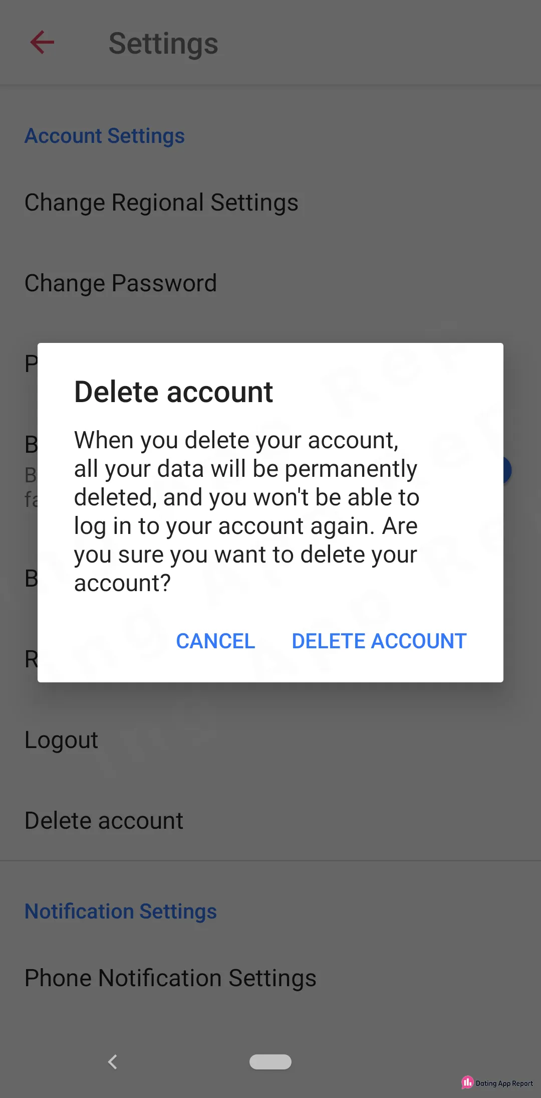 A Delete account pop-up over Settings warns that deleting permanently erases all data and blocks future logins.