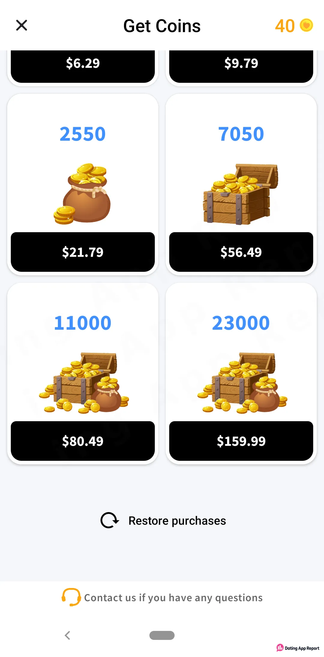 W-Match coin store, scrolled down, listing 2,550 coins for $21.79 up to 23,000 coins for $159.99.