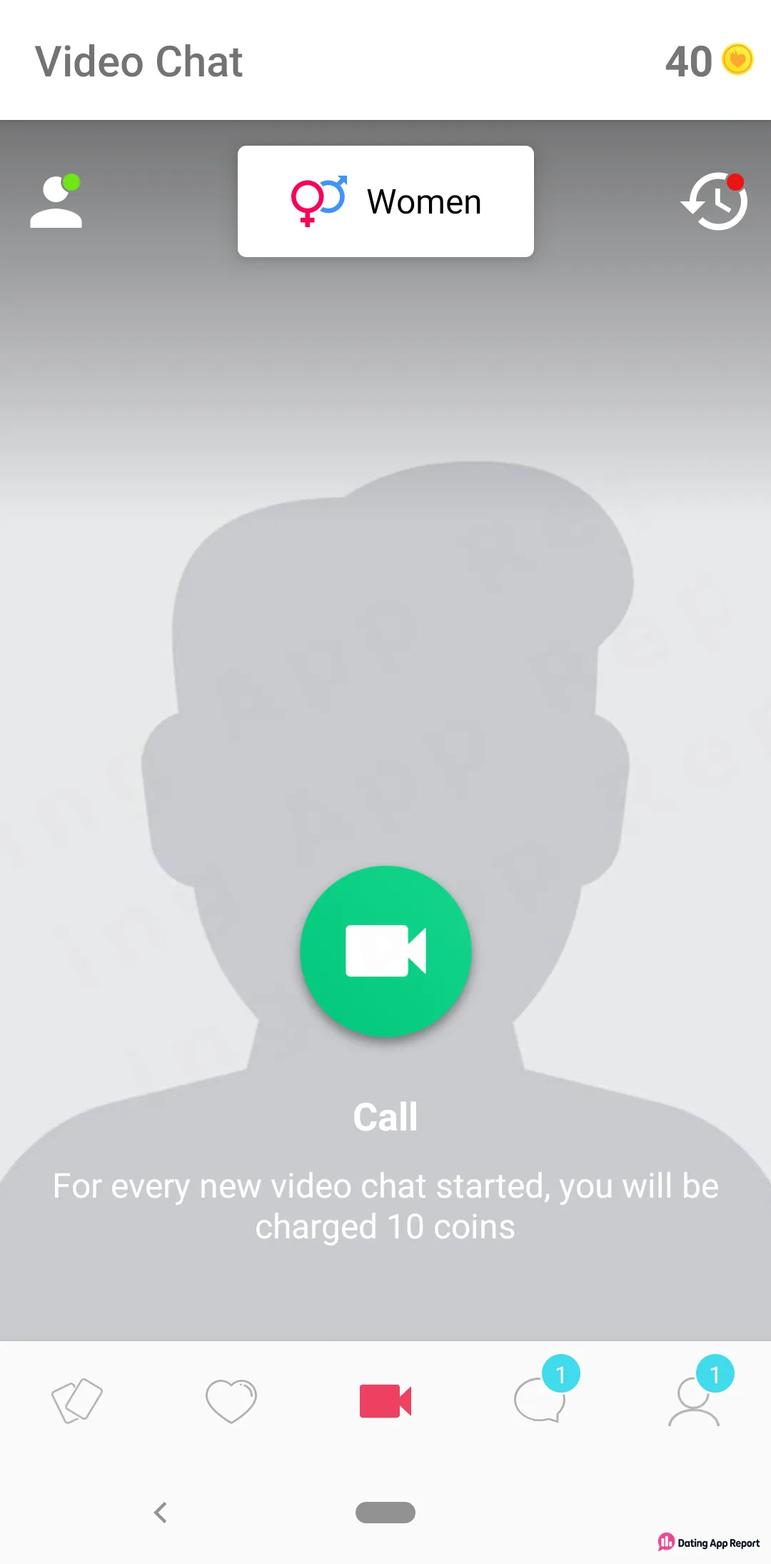 Video Chat screen shows a 40-coin balance and says each new video chat costs 10 coins.