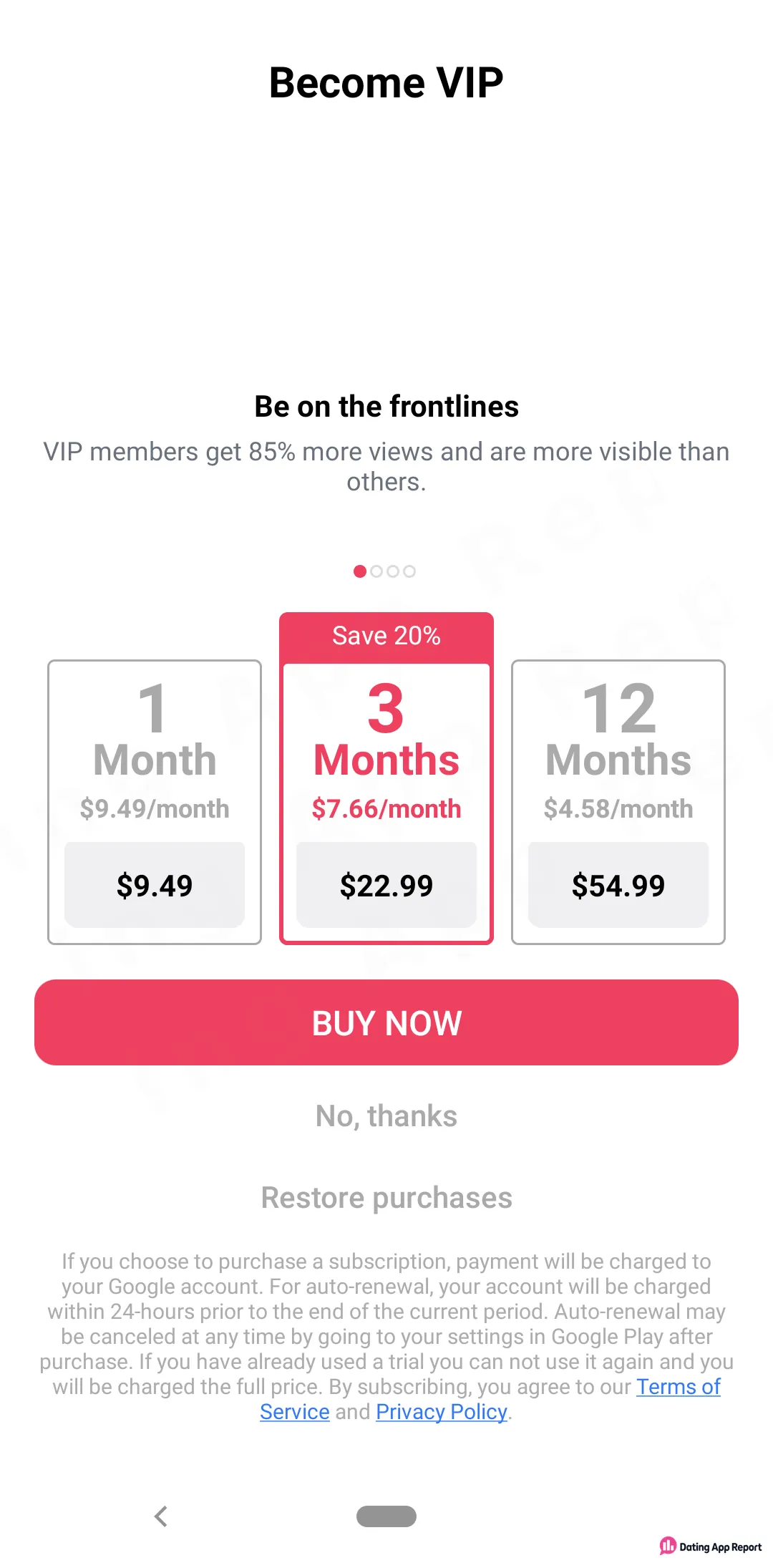 W-Match VIP page lists 1-, 3- and 12-month plans at $9.49, $22.99 and $54.99, with auto-renewal terms.