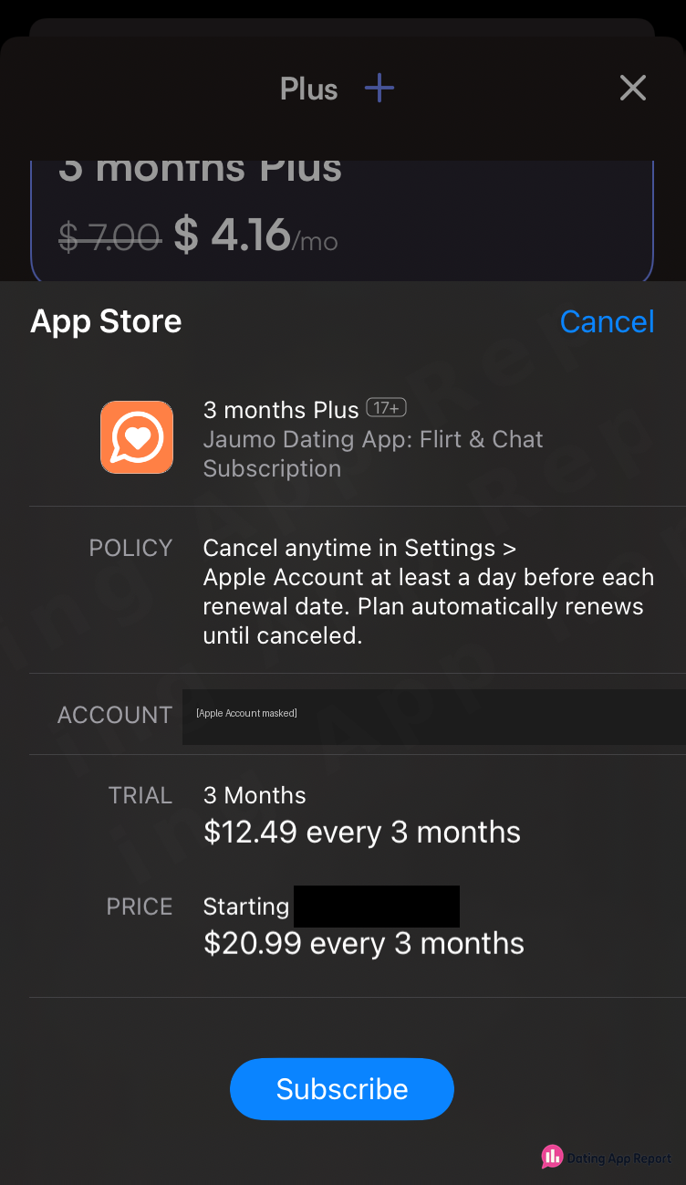 App Store sheet showing $12.49 for the initial 3 months, then $20.99 every 3 months.