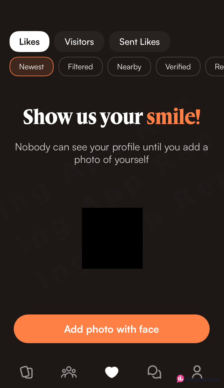 Likes tab: "Nobody can see your profile until you add a photo of yourself".