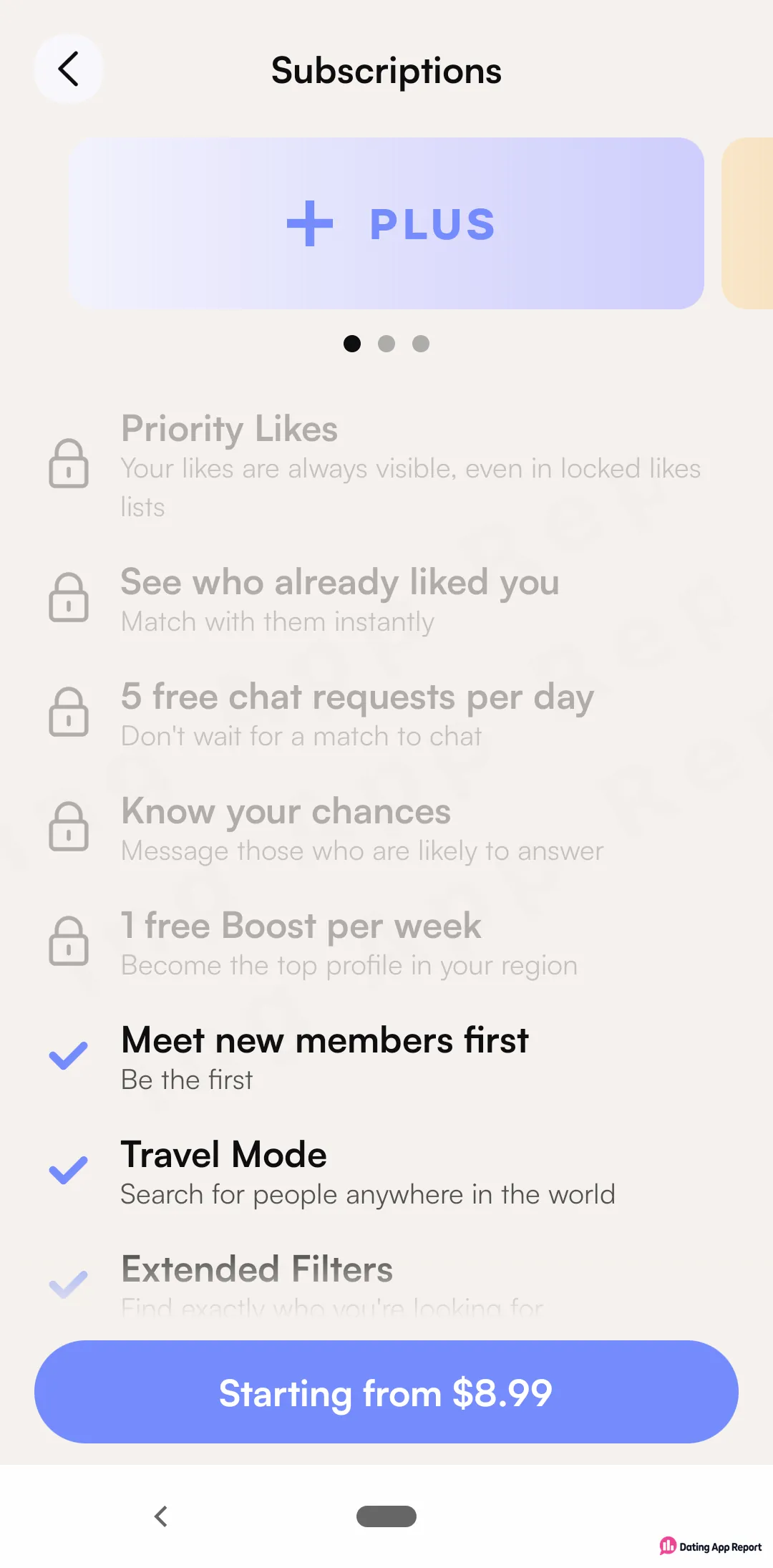 On Subscriptions, the PLUS tier starts from $8.99, with "See who already liked you," chat requests and Boosts locked.