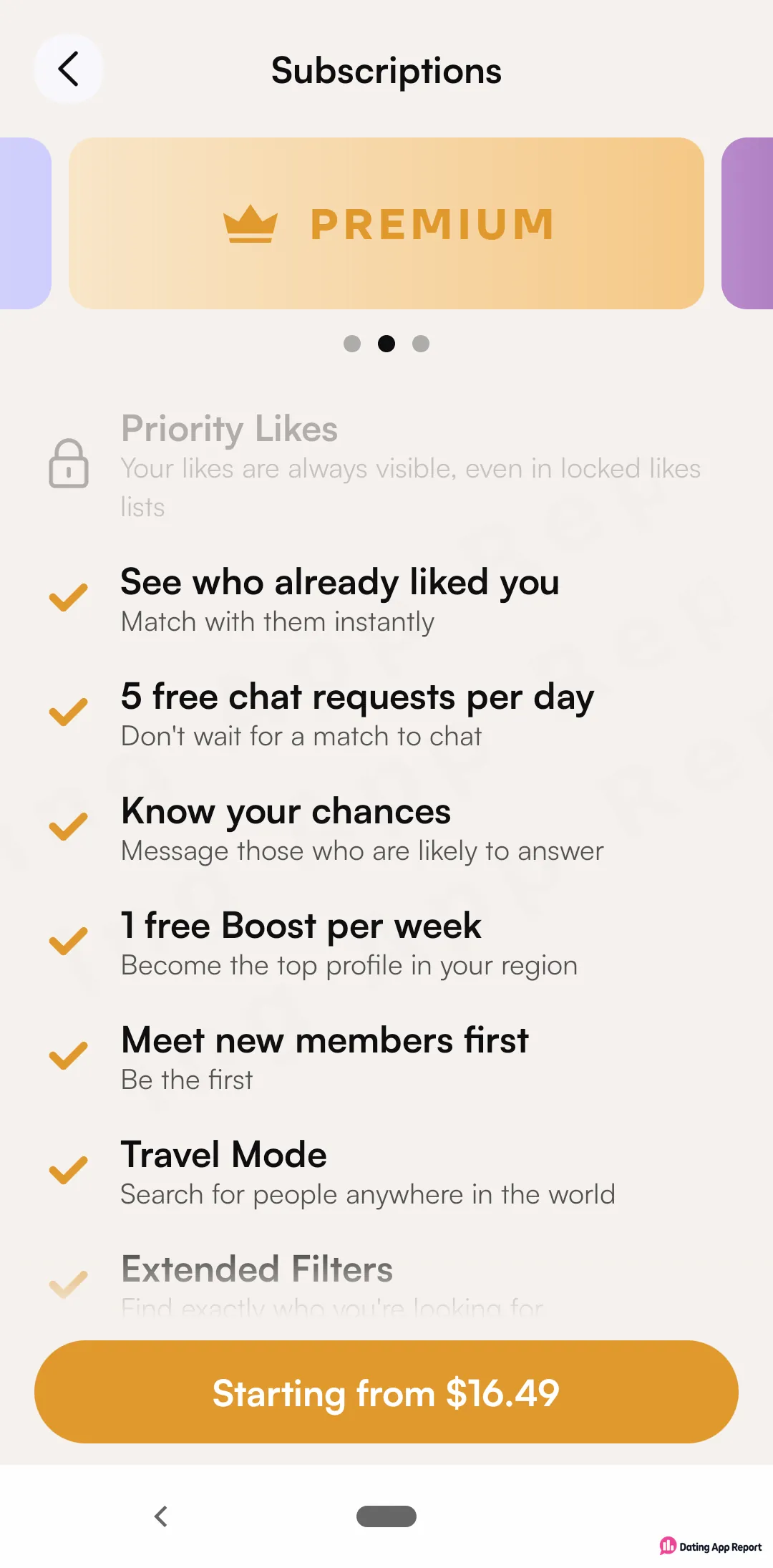 Finally's PREMIUM subscription card lists its perks, including seeing who liked you, with a "Starting from $16.49" button.