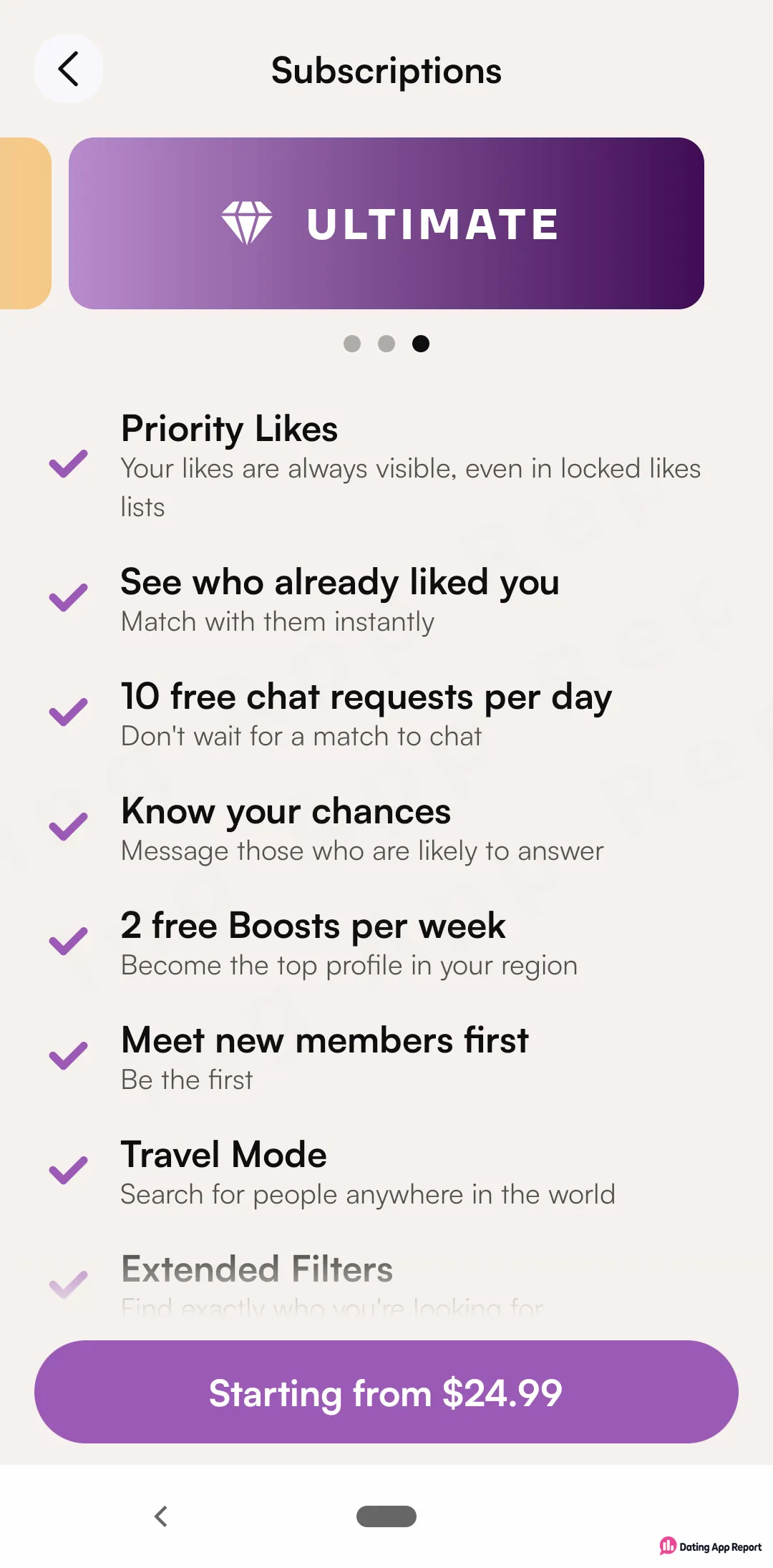 ULTIMATE starts at $24.99 and lists 10 free chat requests daily, 2 Boosts weekly, and seeing who liked you.