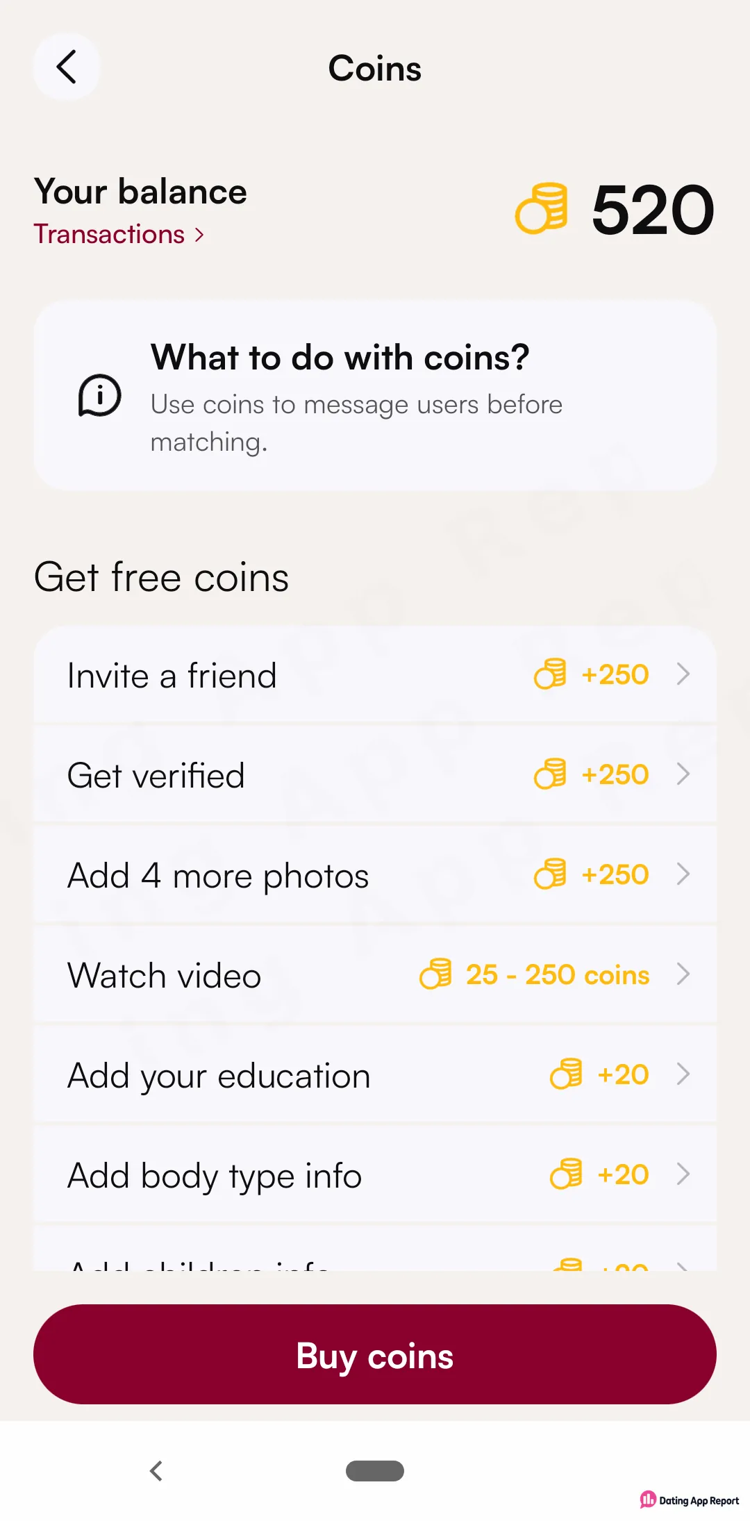 Coins screen shows a 520-coin balance, says coins let you message before matching, and lists free-coin tasks.