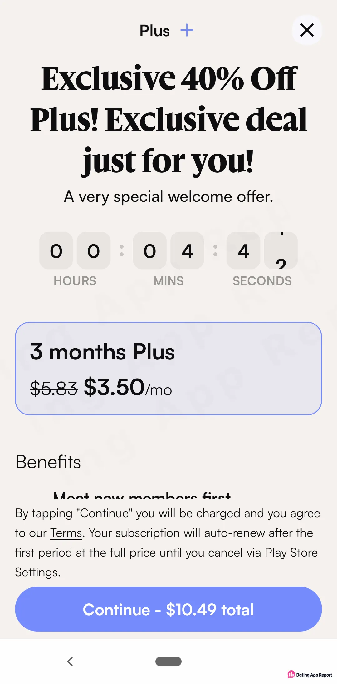 Plus welcome offer shows a 40% off countdown timer, 3 months at $3.50/mo, and $10.49 total, auto-renewing at full price.